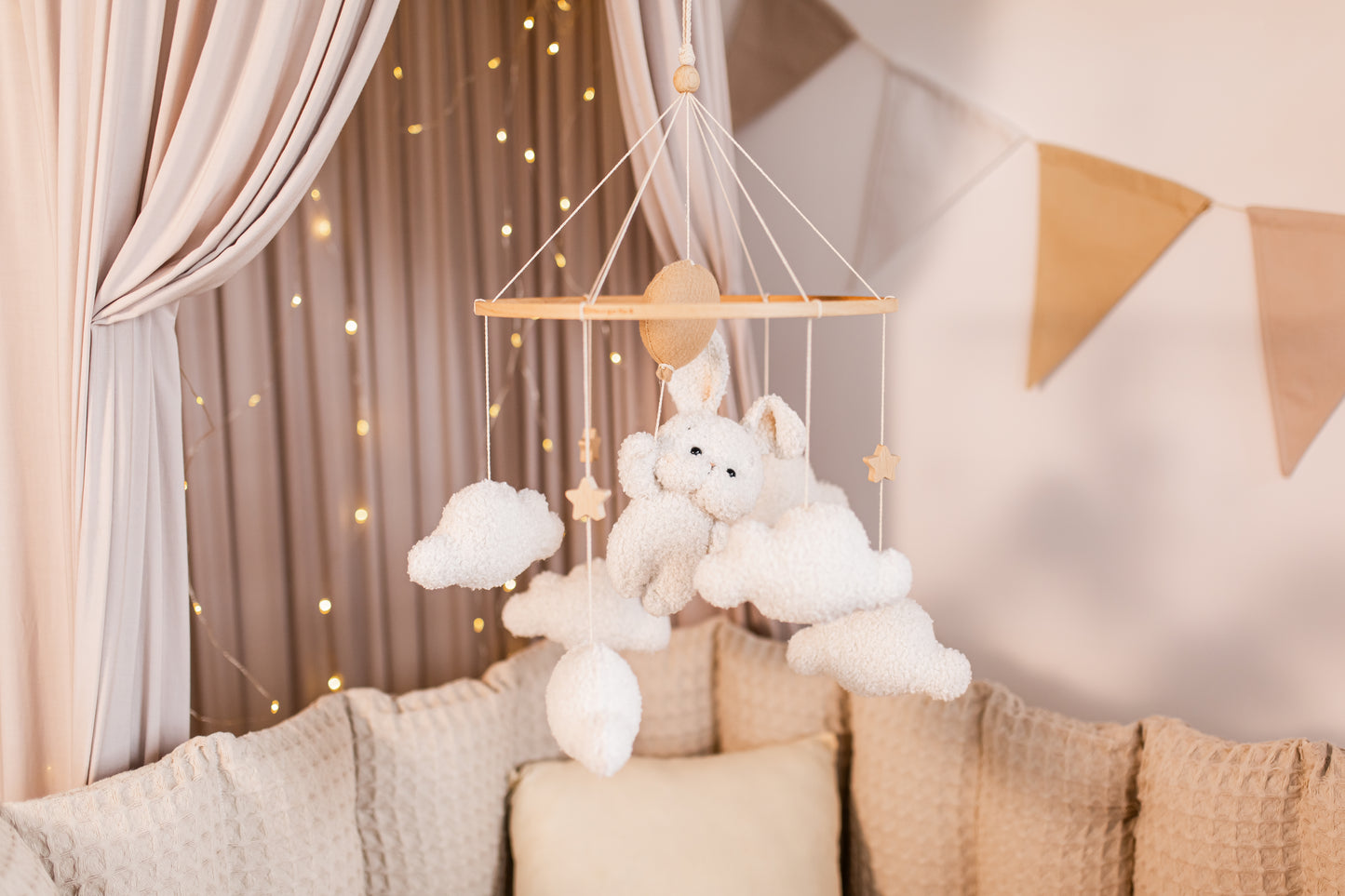 Eco-friendly balloon bunny and cloud mobile for dreamy nursery decor