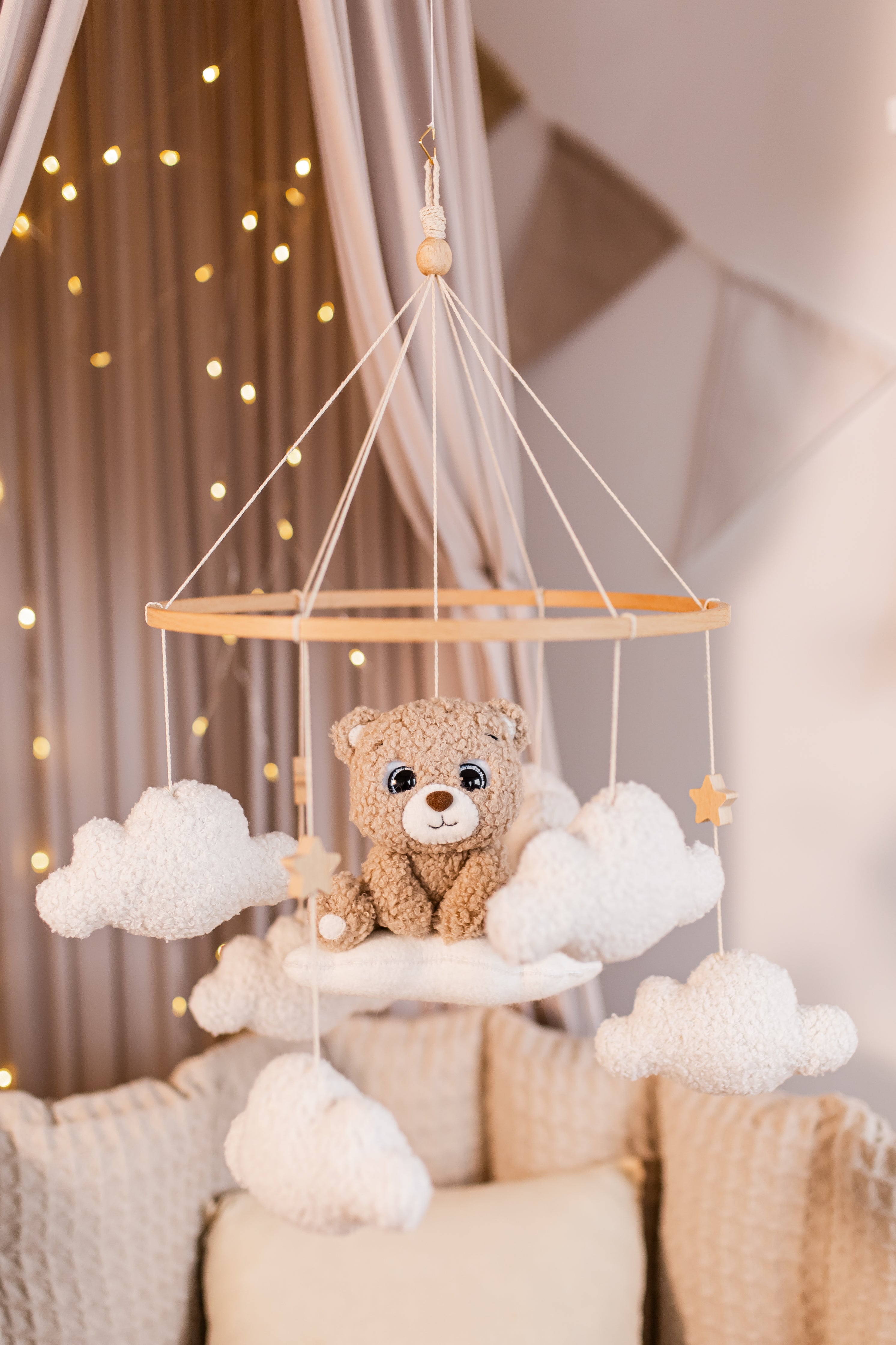 Eco-friendly boucle bear mobile for dreamy nursery décor