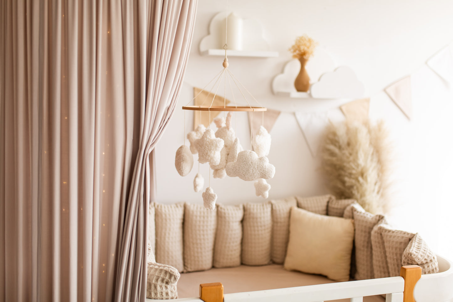 Bunny on the moon baby mobile boucle clouds nursery decor