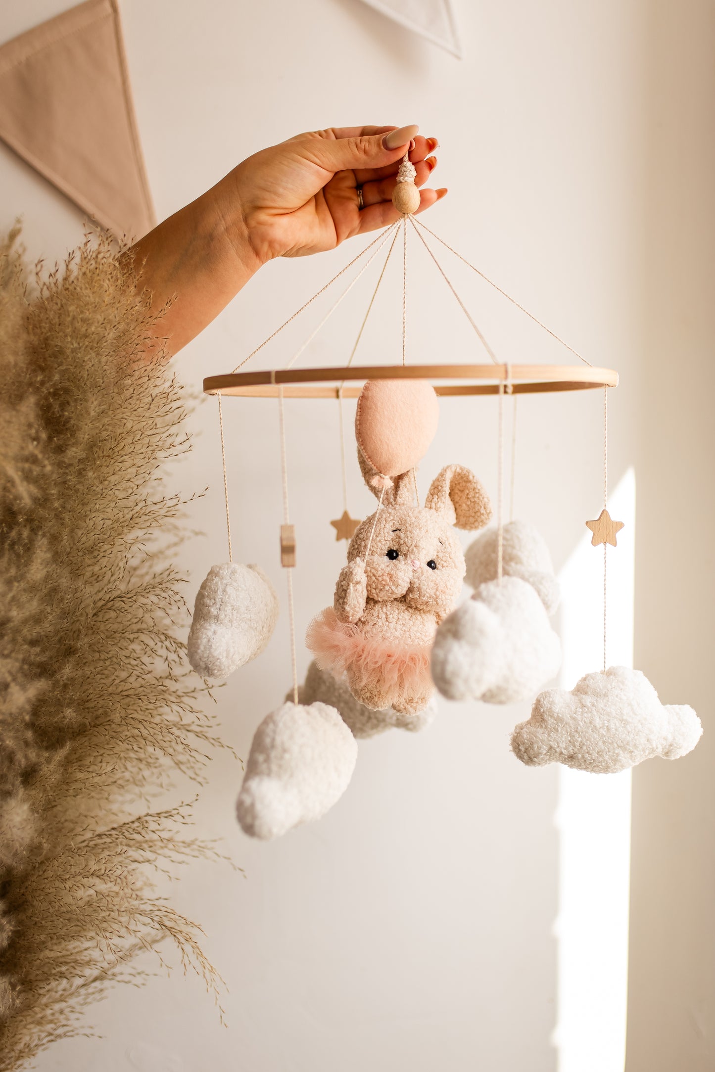 Baloon bunny baby mobile boucle nursery decor for girl