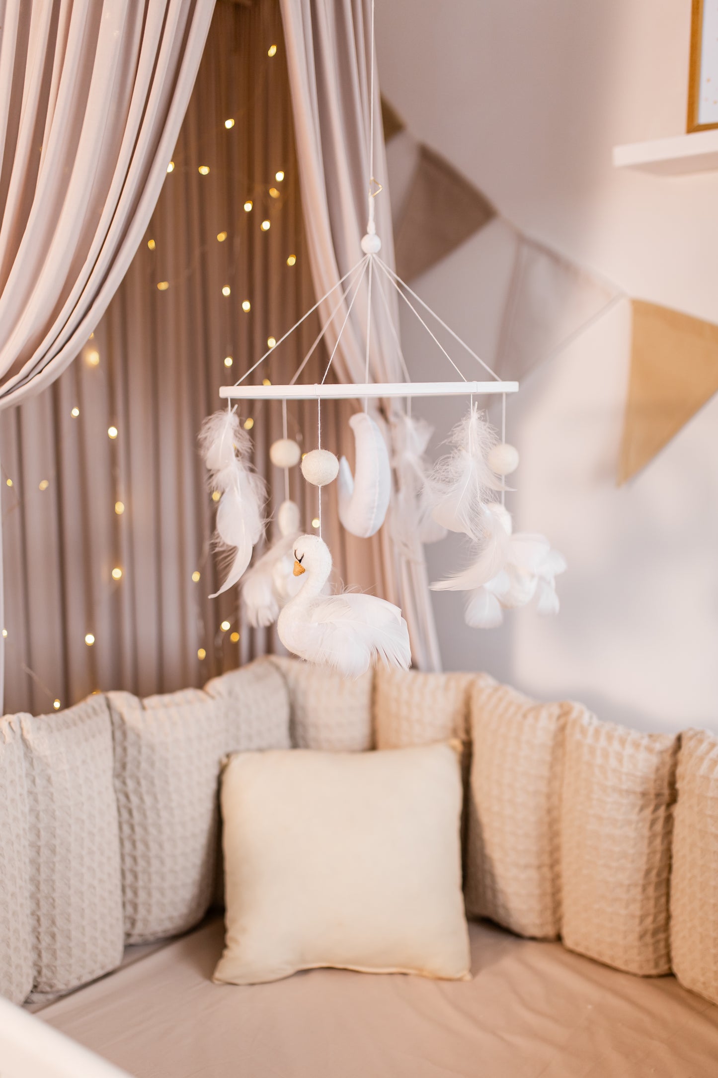Handmade boucle swan nursery mobile for calming decor