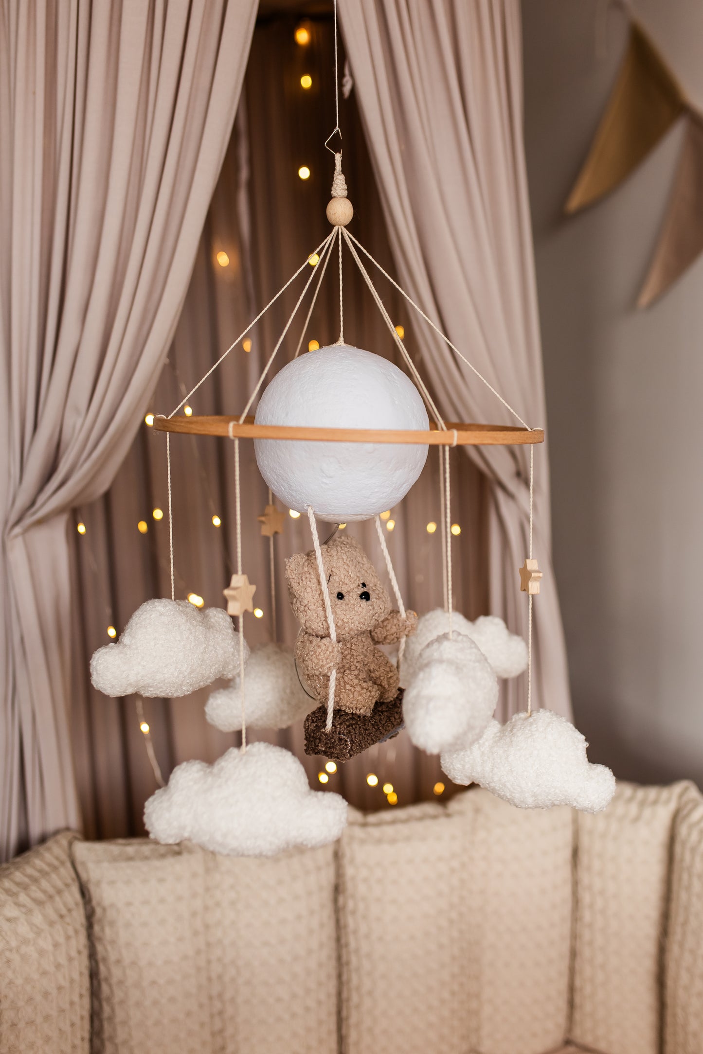 Nursery night lightteddy bear on a swing baby crib mobile