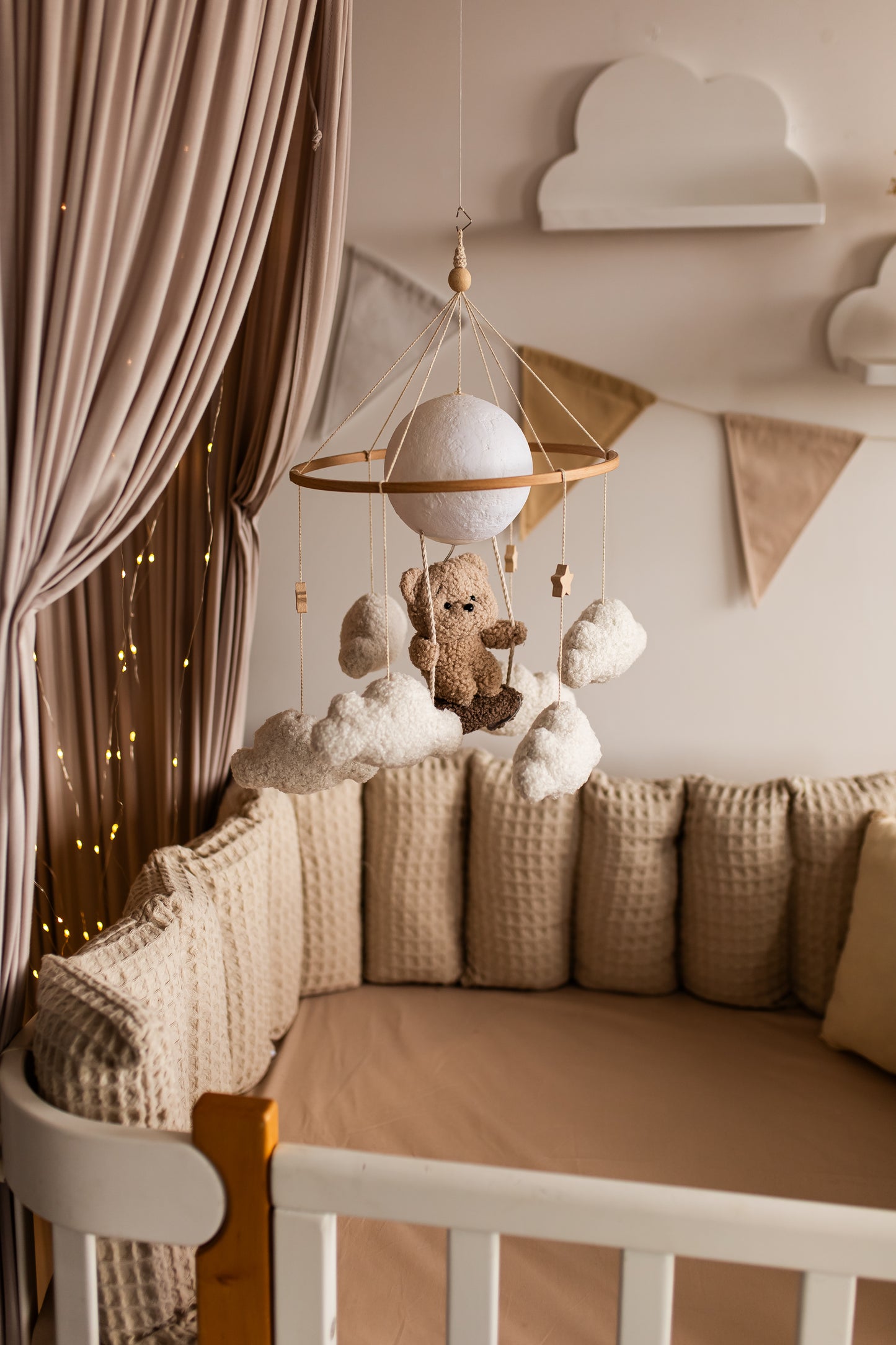Nursery night lightteddy bear on a swing baby crib mobile