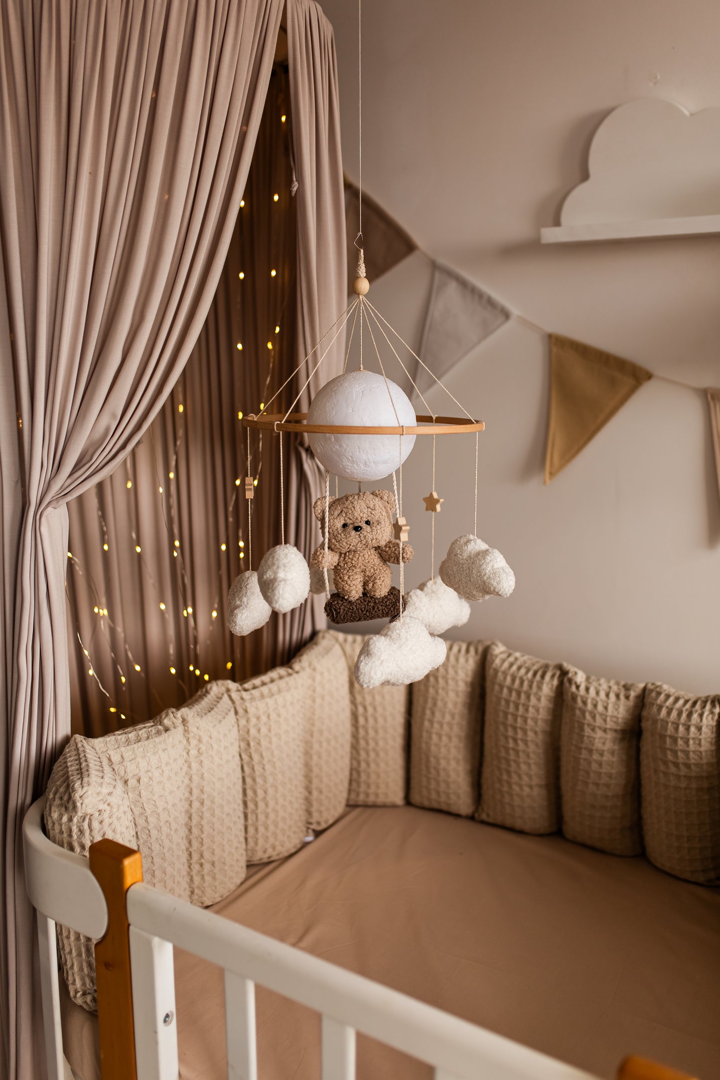 Nursery night lightteddy bear on a swing baby crib mobile
