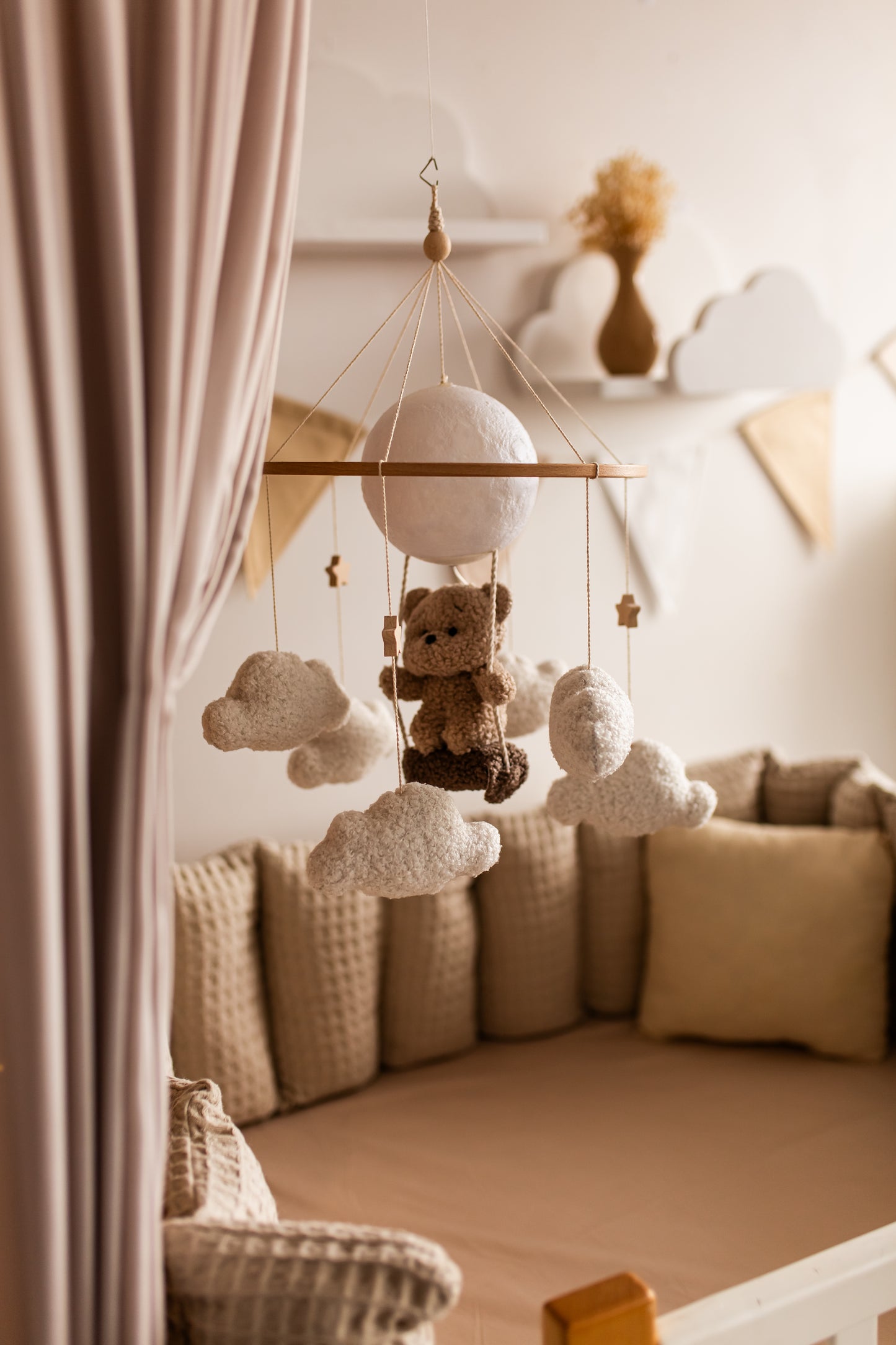 Nursery night lightteddy bear on a swing baby crib mobile