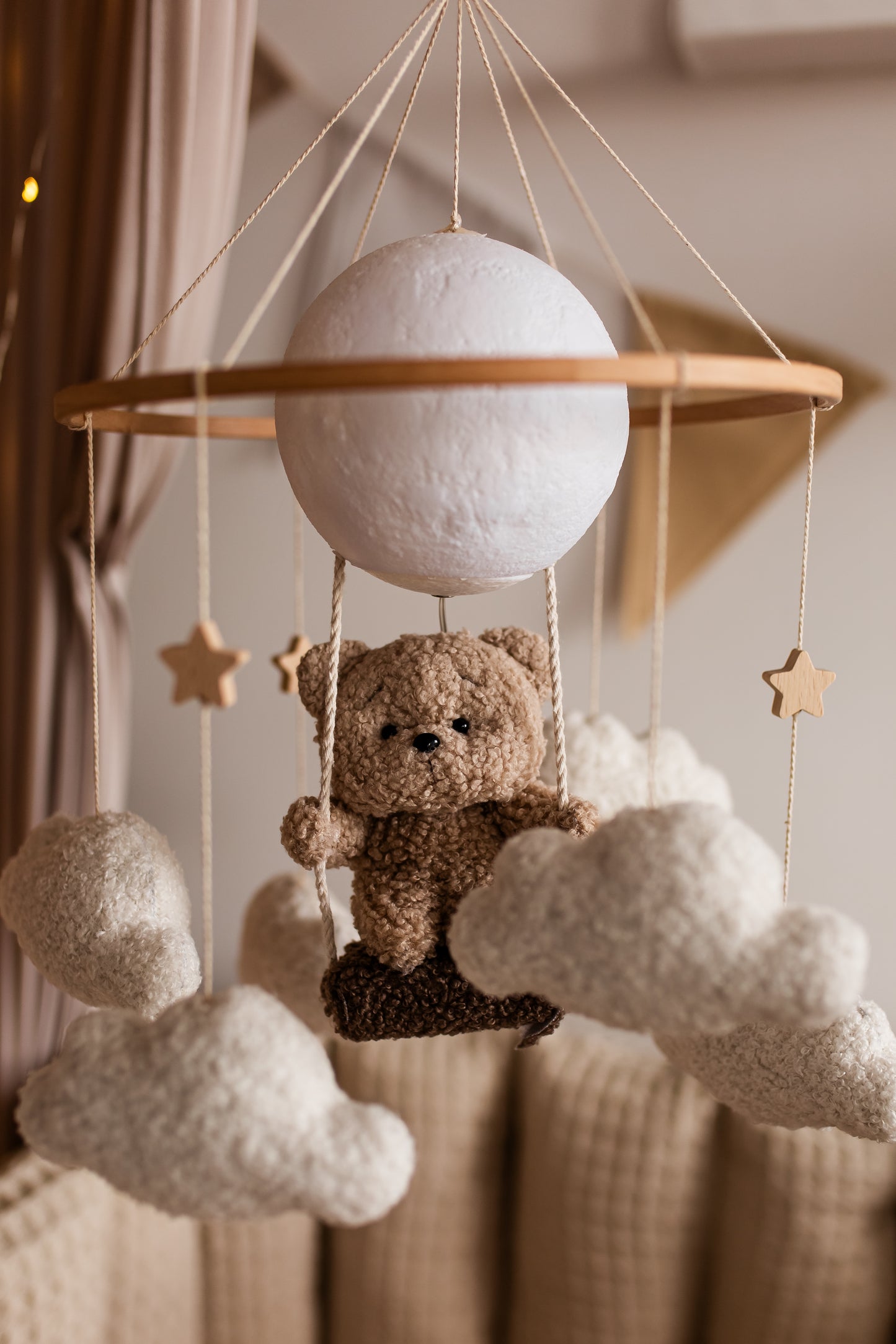 Nursery night lightteddy bear on a swing baby crib mobile