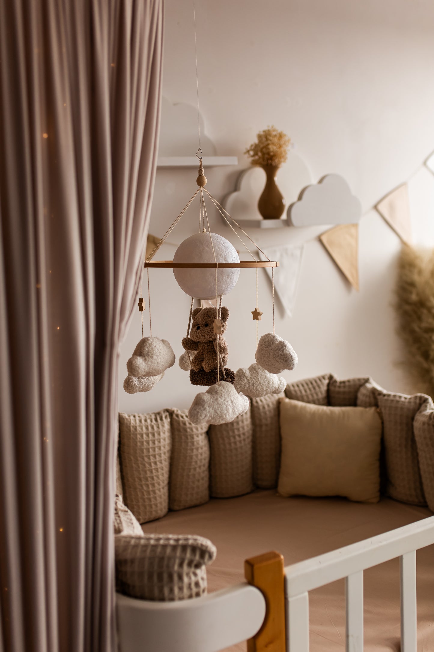 Nursery night lightteddy bear on a swing baby crib mobile