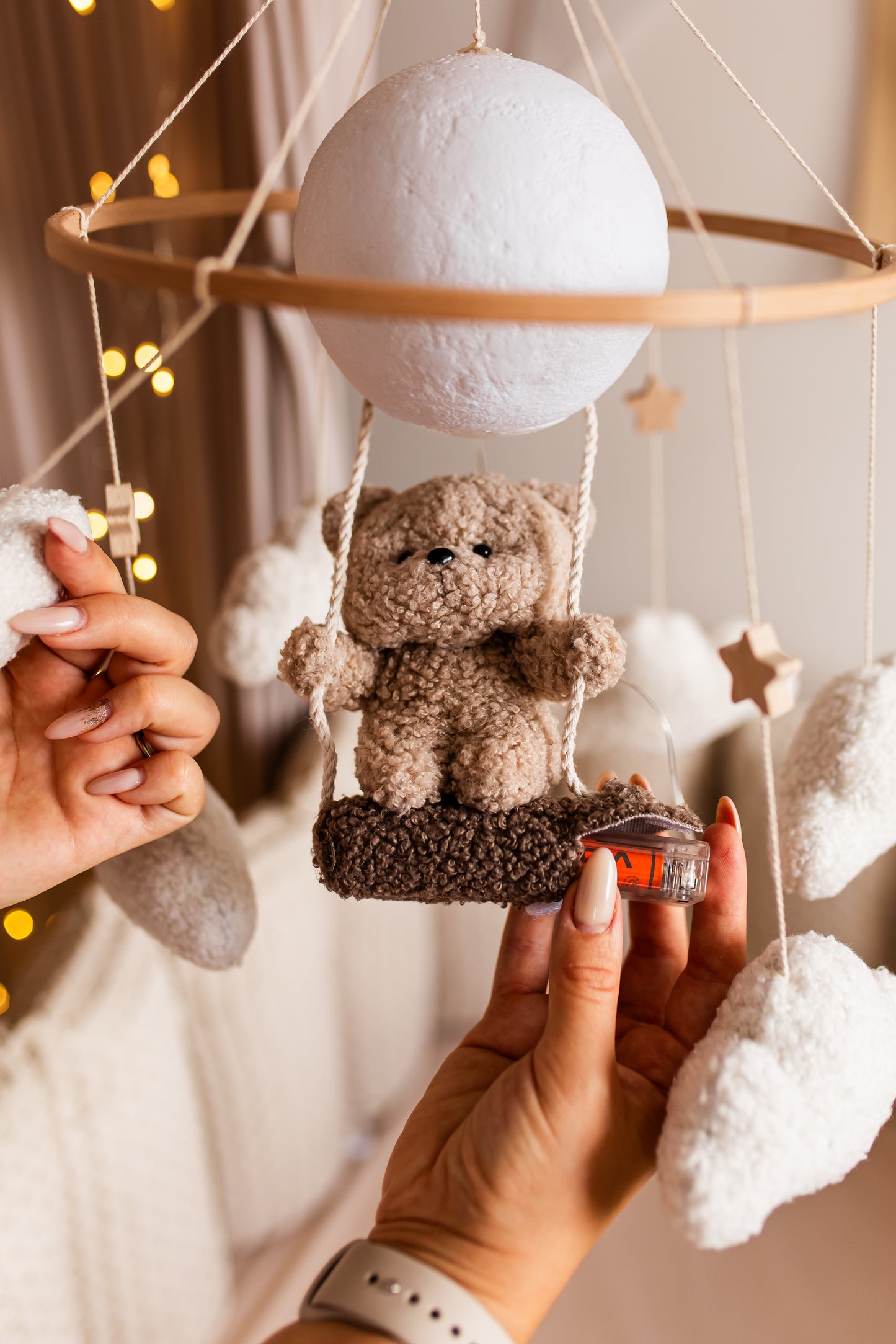Nursery night lightteddy bear on a swing baby crib mobile