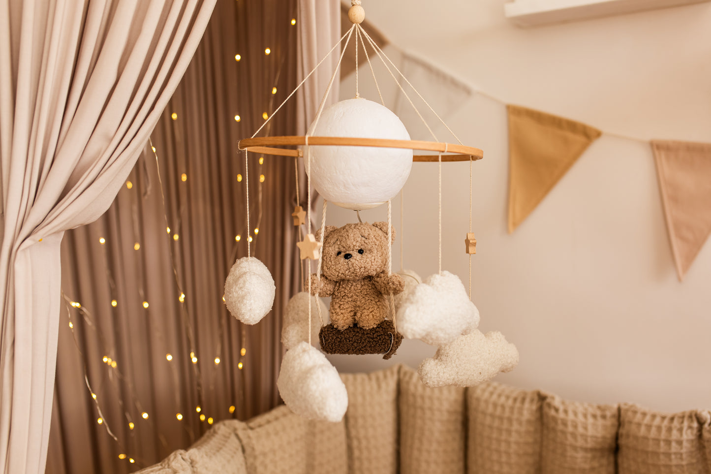 Nursery night lightteddy bear on a swing baby crib mobile