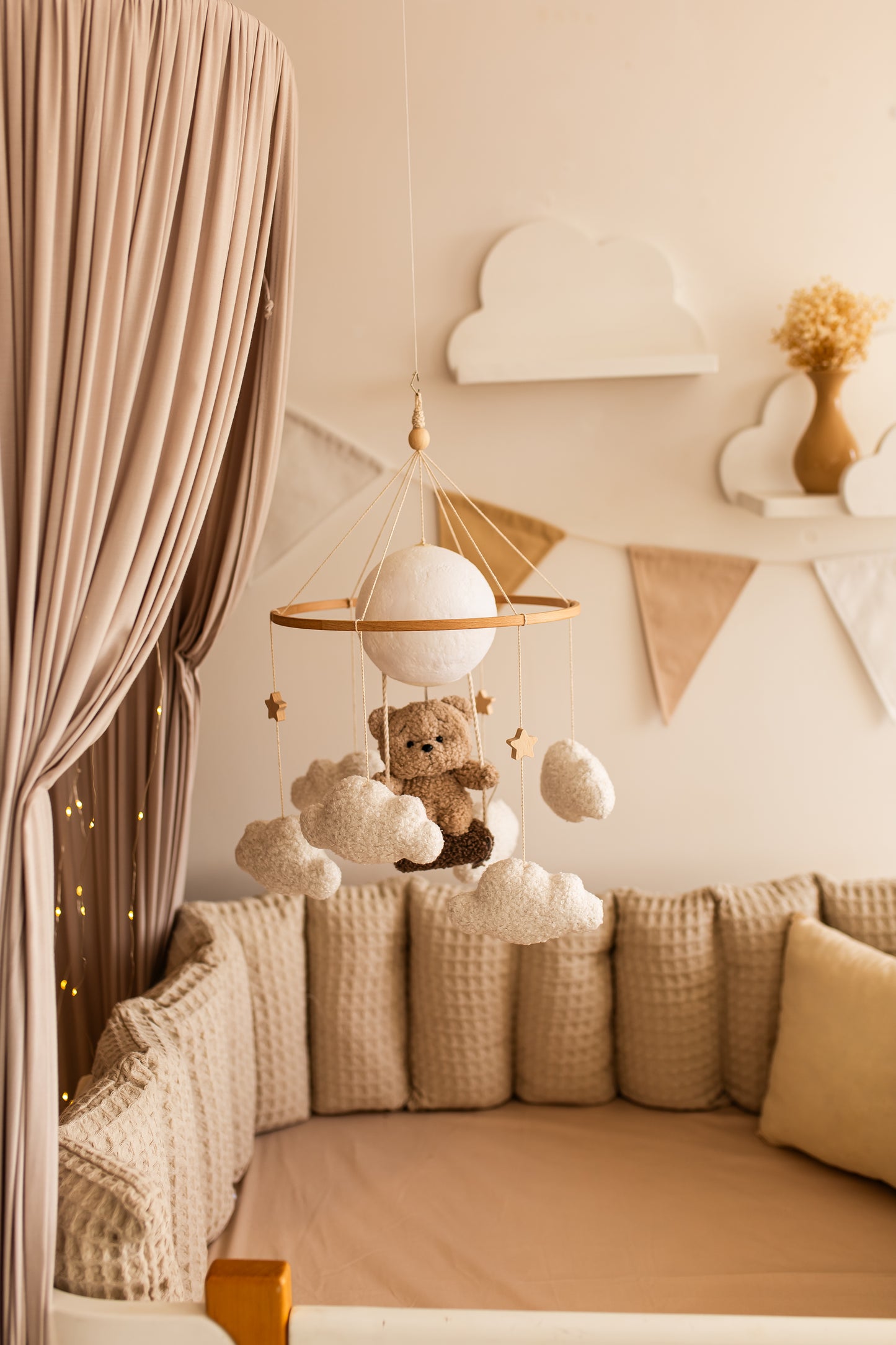 Nursery night lightteddy bear on a swing baby crib mobile