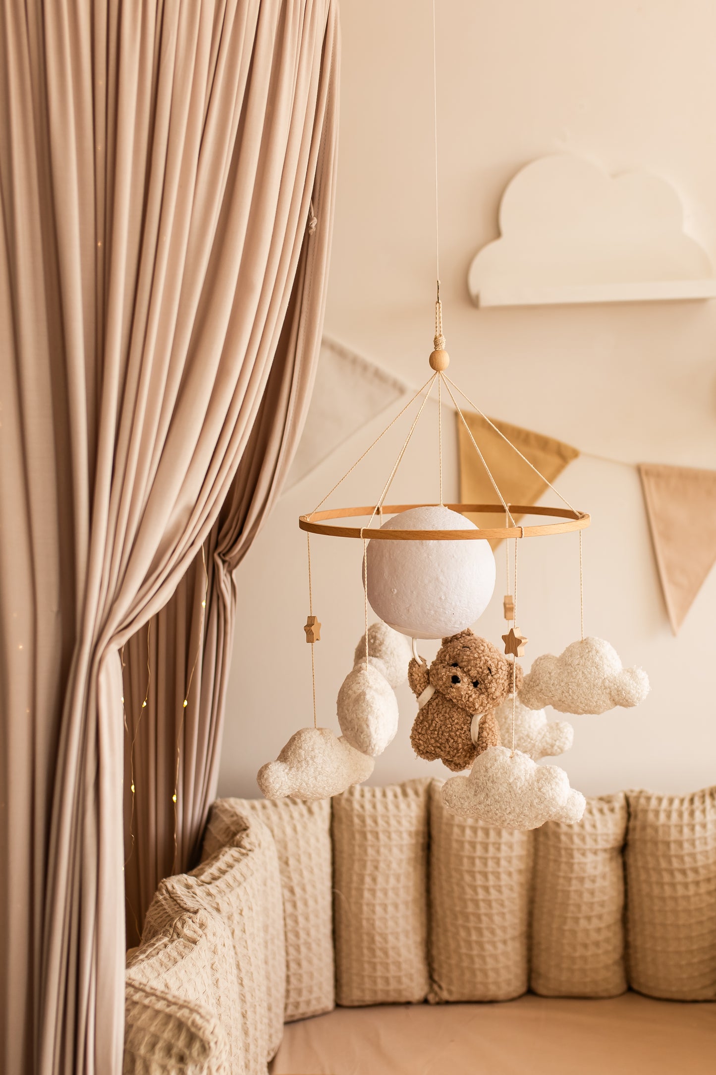 Nursery night light bear on moon baby crib mobile