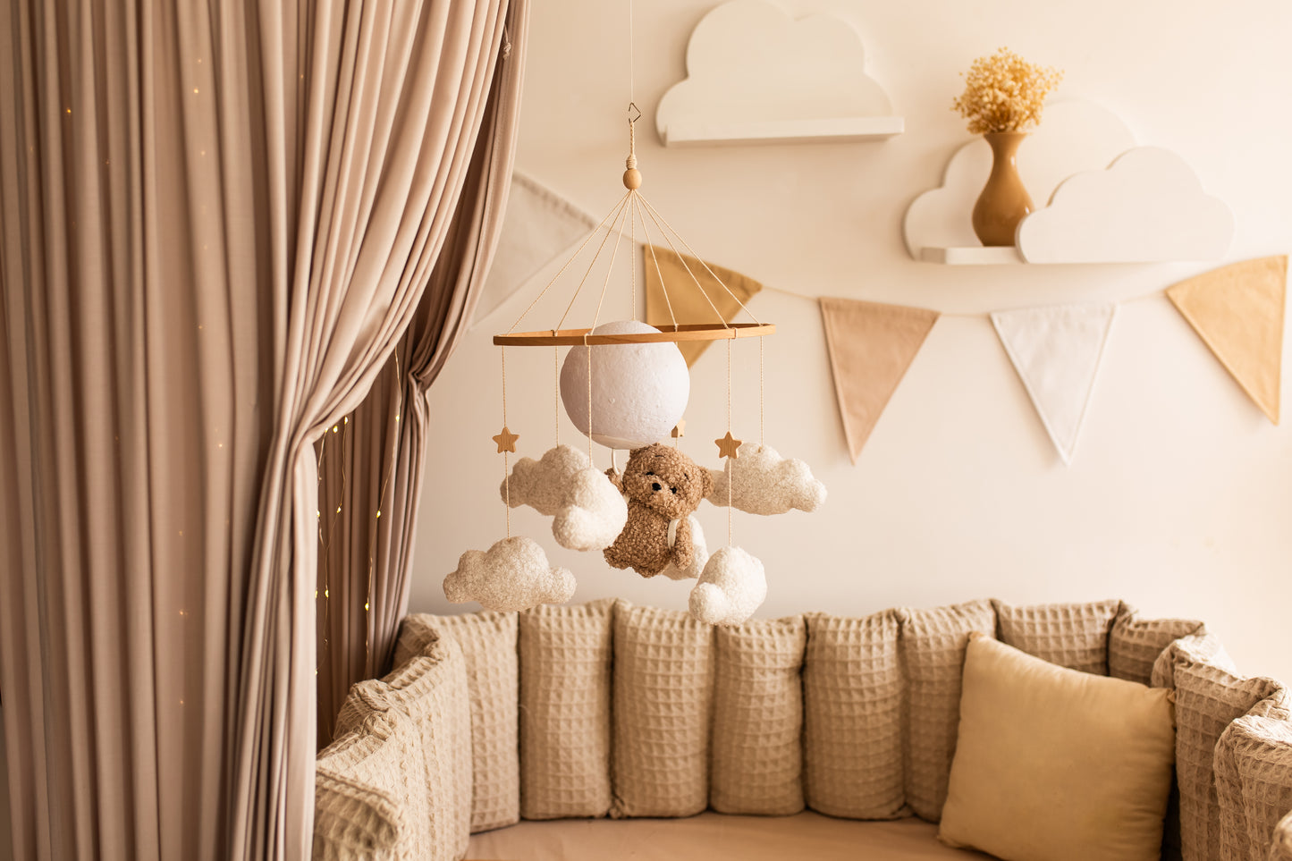 Nursery night light bear on moon baby crib mobile