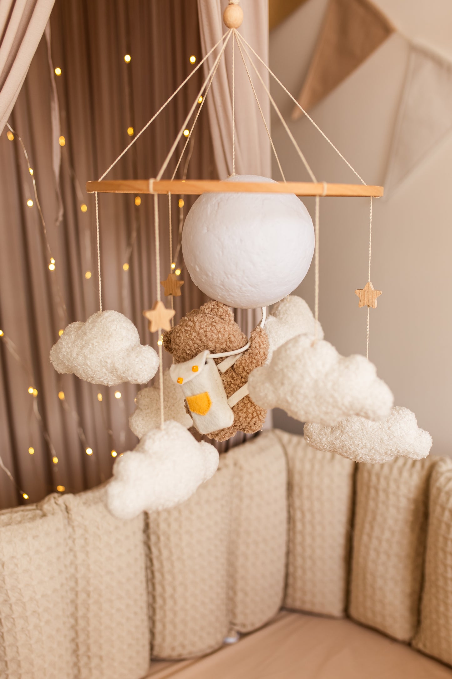 Nursery night light bear on moon baby crib mobile