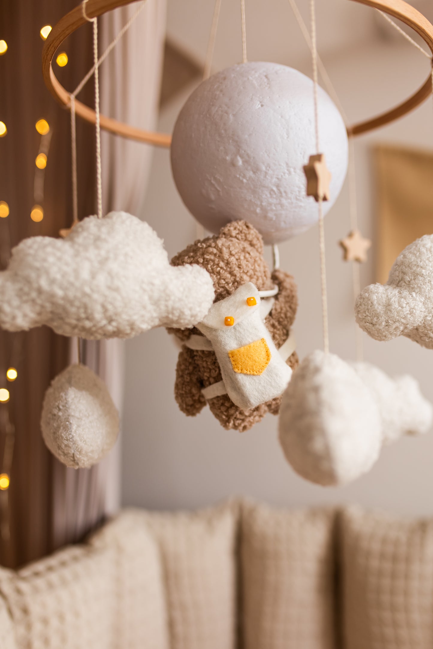 Nursery night light bear on moon baby crib mobile