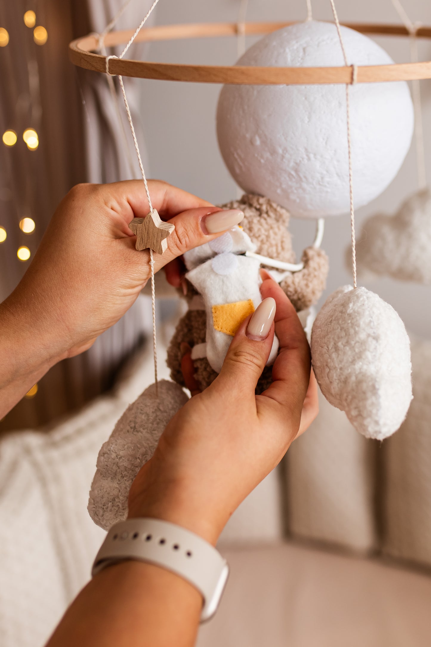 Nursery night light bear on moon baby crib mobile