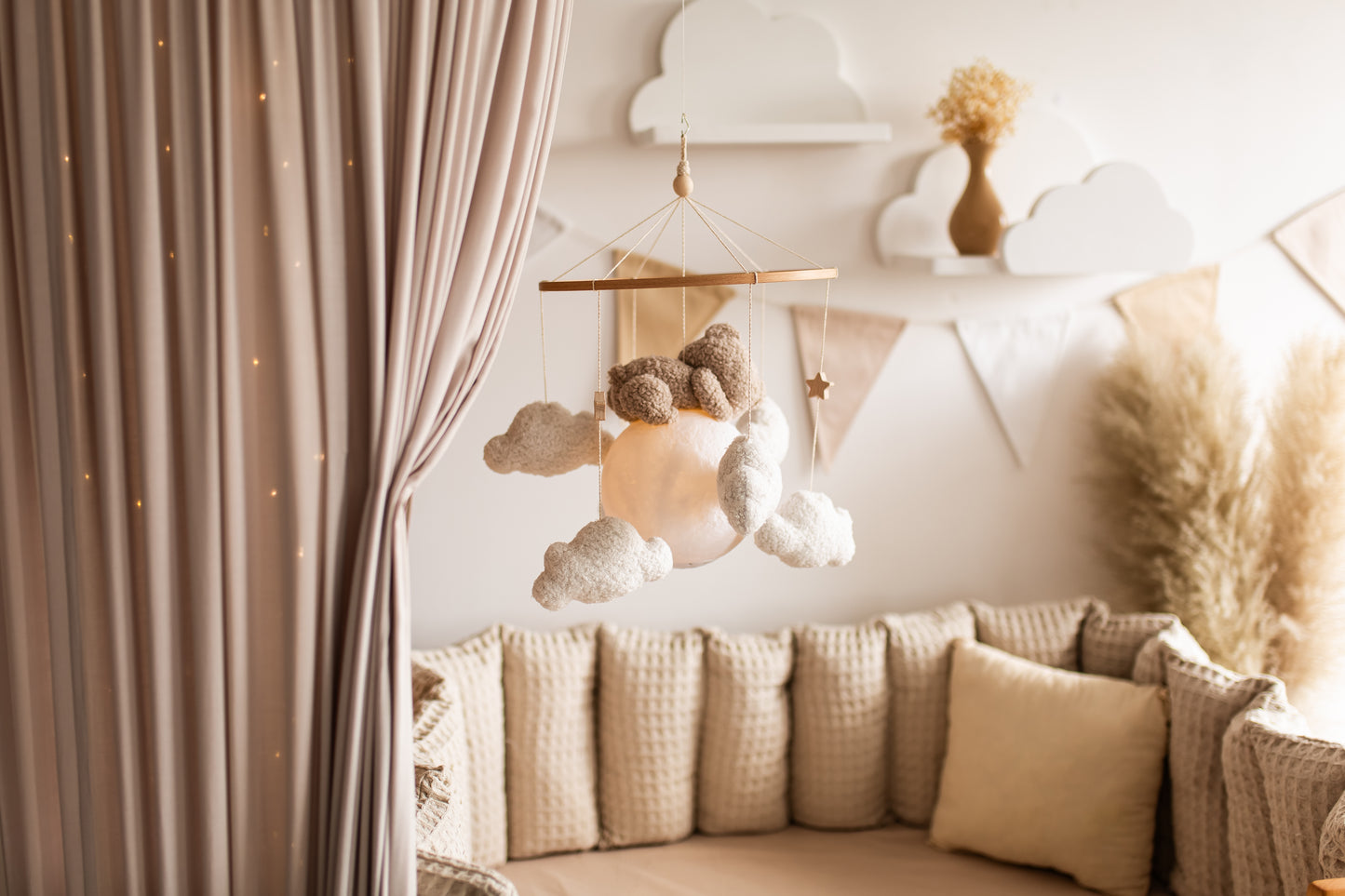 Nursery night light bear on moon baby crib mobile