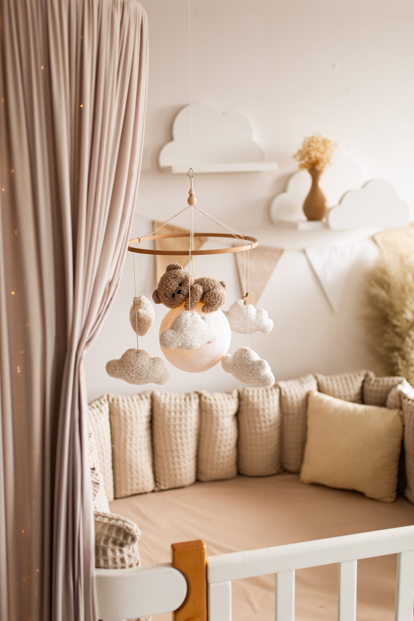 Nursery night light bear on moon baby crib mobile