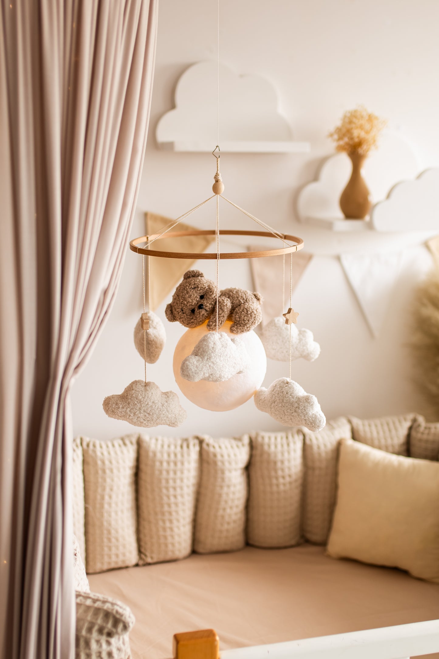 Nursery night light bear on moon baby crib mobile