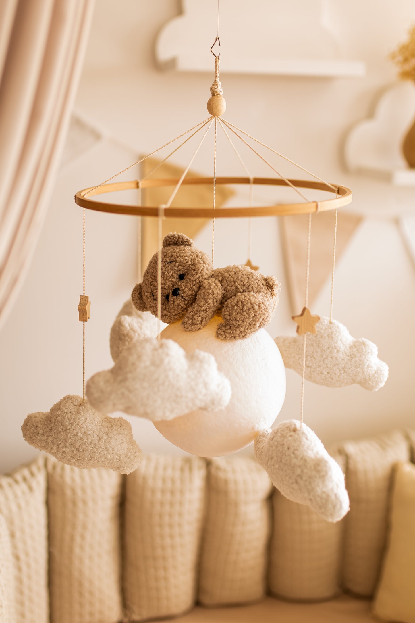 Nursery night light bear on moon baby crib mobile