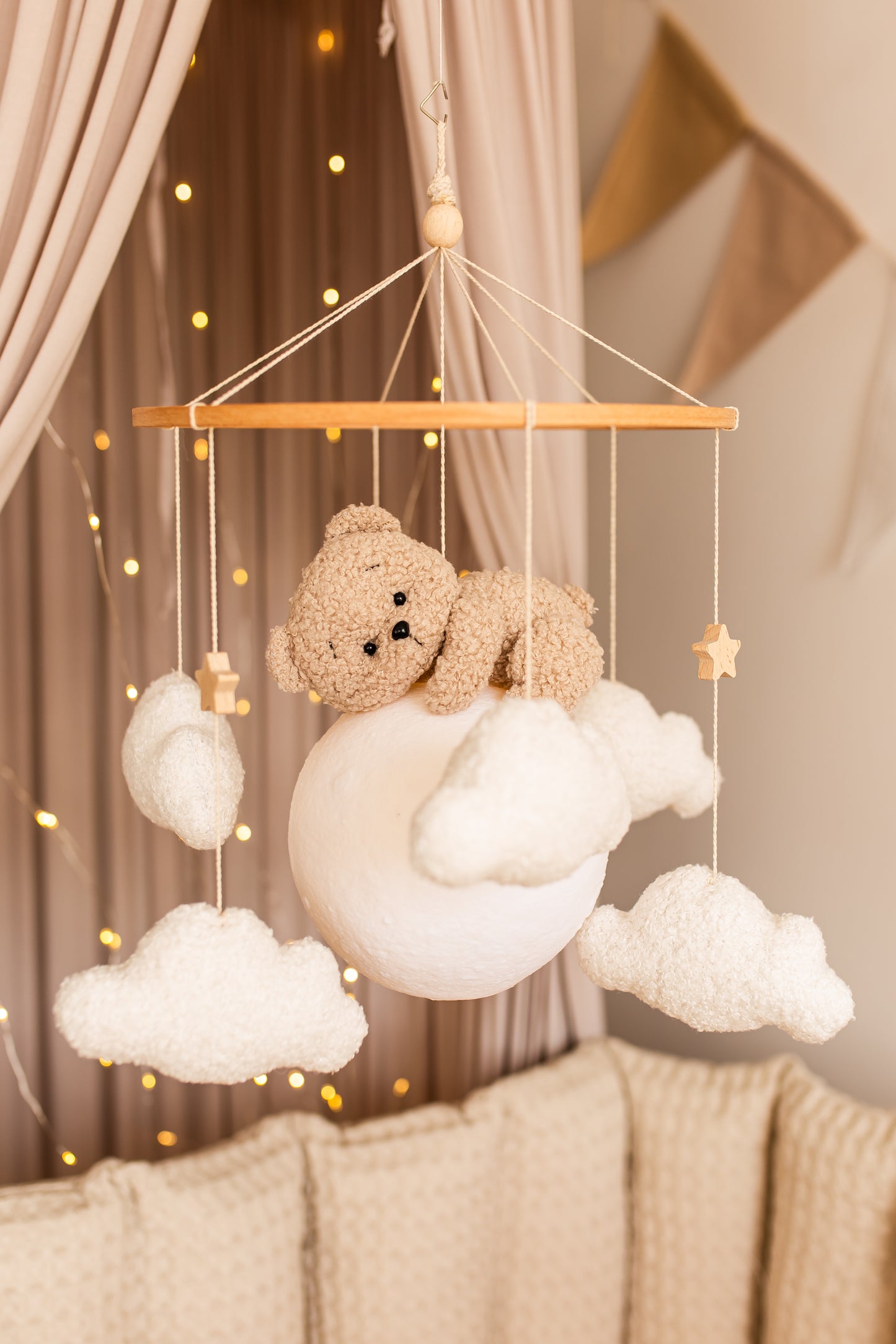 Nursery night light bear on moon baby crib mobile