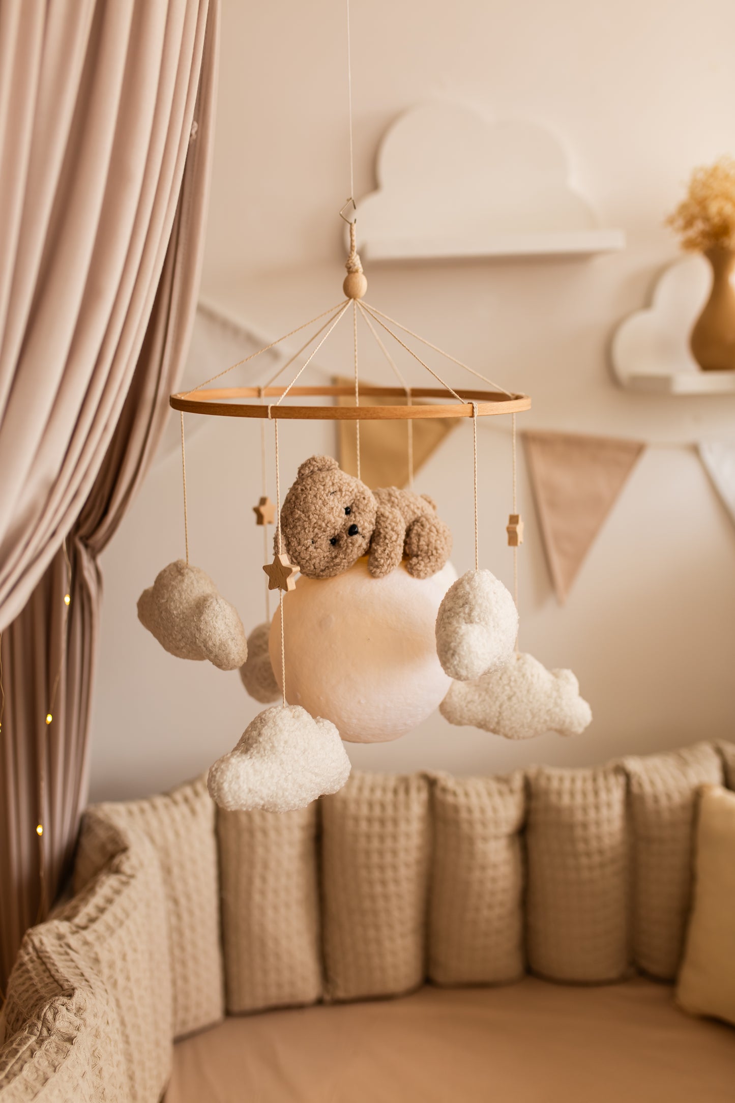 Nursery night light bear on moon baby crib mobile