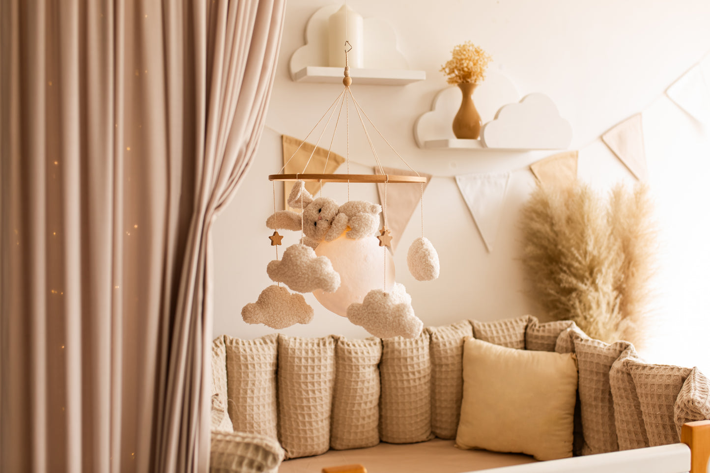 Nursery night light bunny on moon baby crib mobile