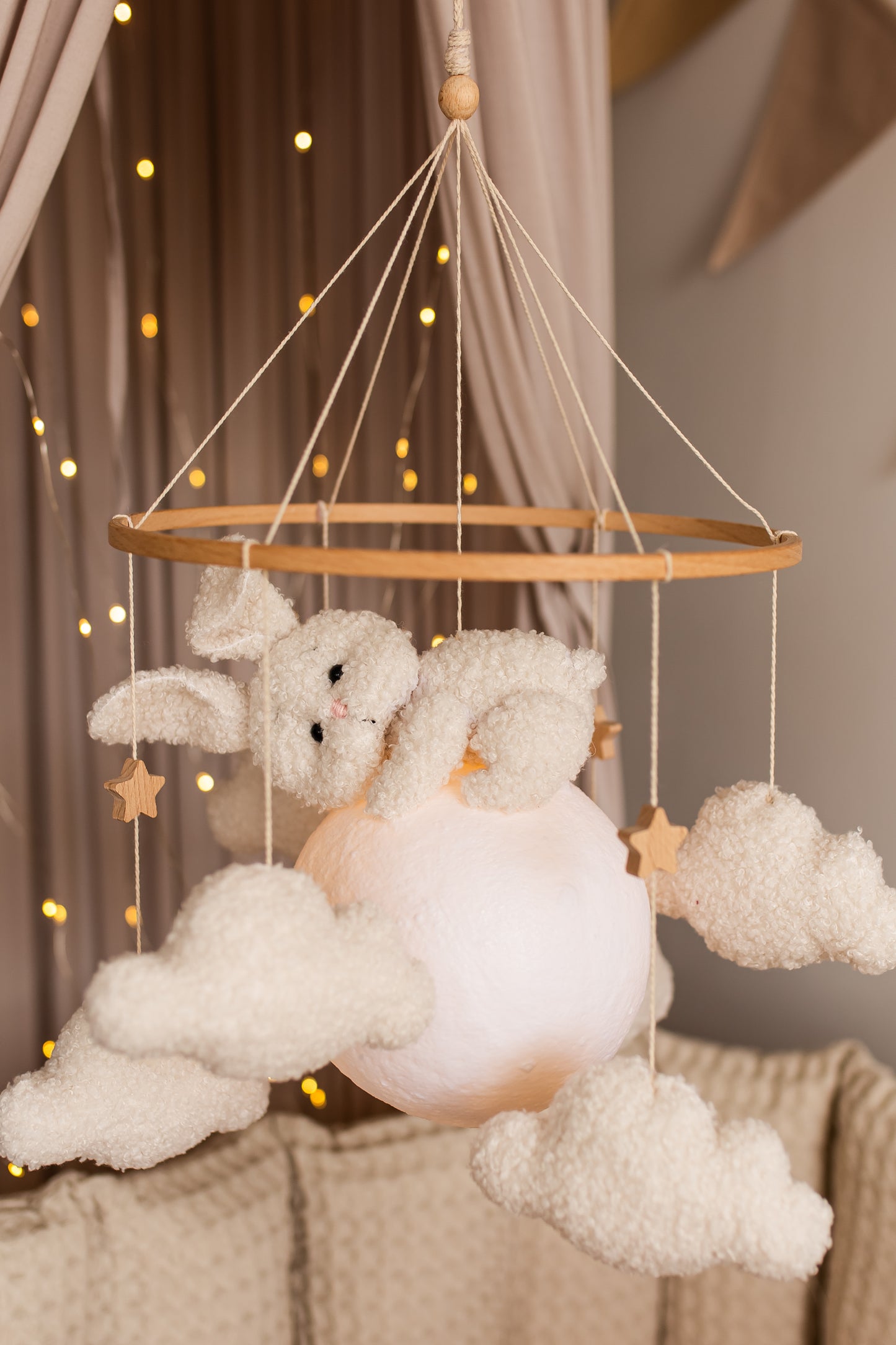 Nursery night light bunny on moon baby crib mobile