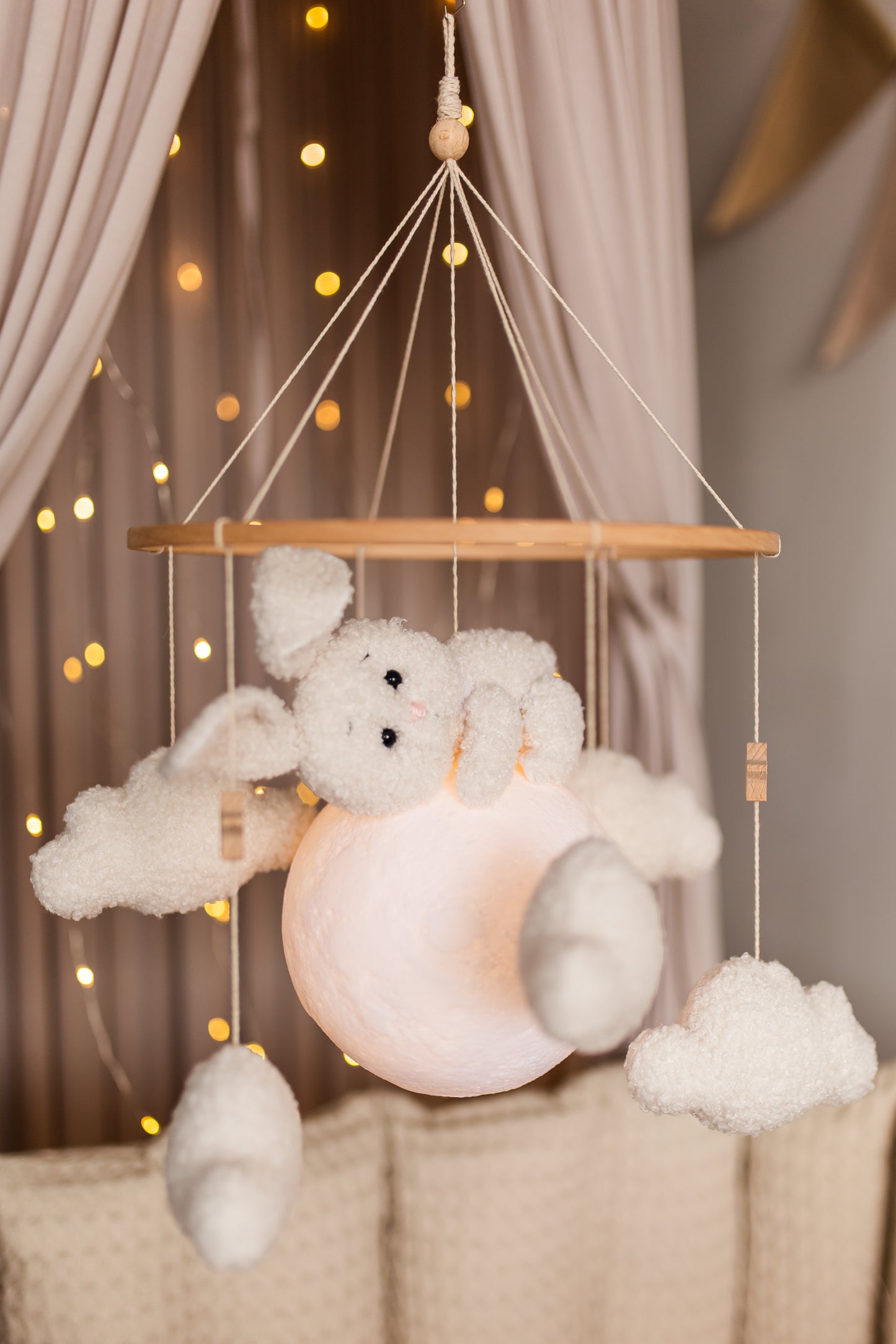 Nursery night light bunny on moon baby crib mobile