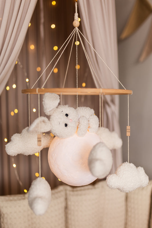 Nursery night light bunny on moon baby crib mobile