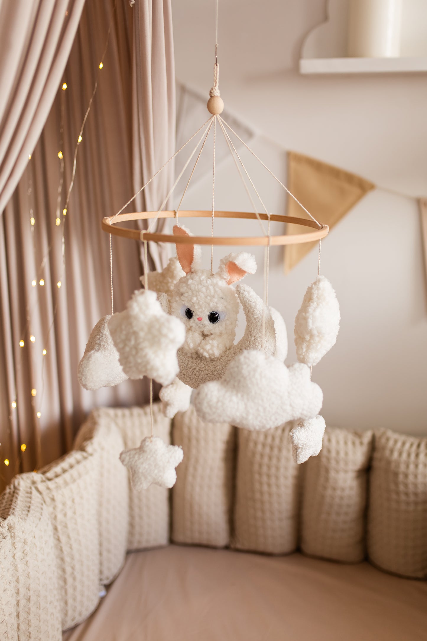 Bunny on the moon baby mobile boucle clouds nursery decor