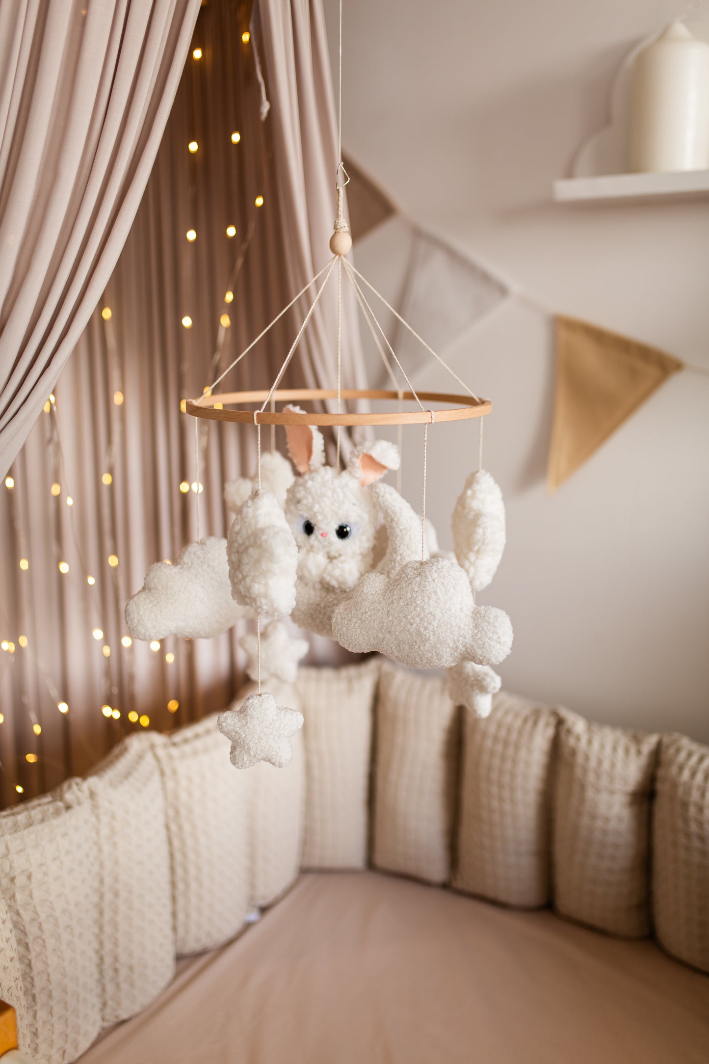 Bunny on the moon baby mobile boucle clouds nursery decor