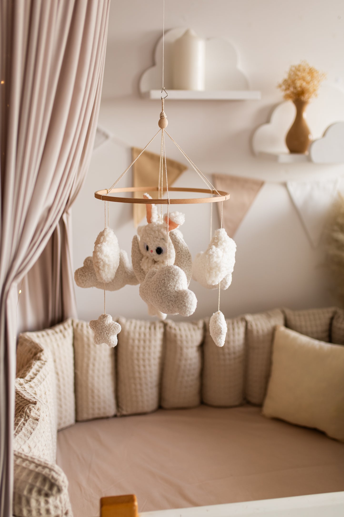 Bunny on the moon baby mobile boucle clouds nursery decor