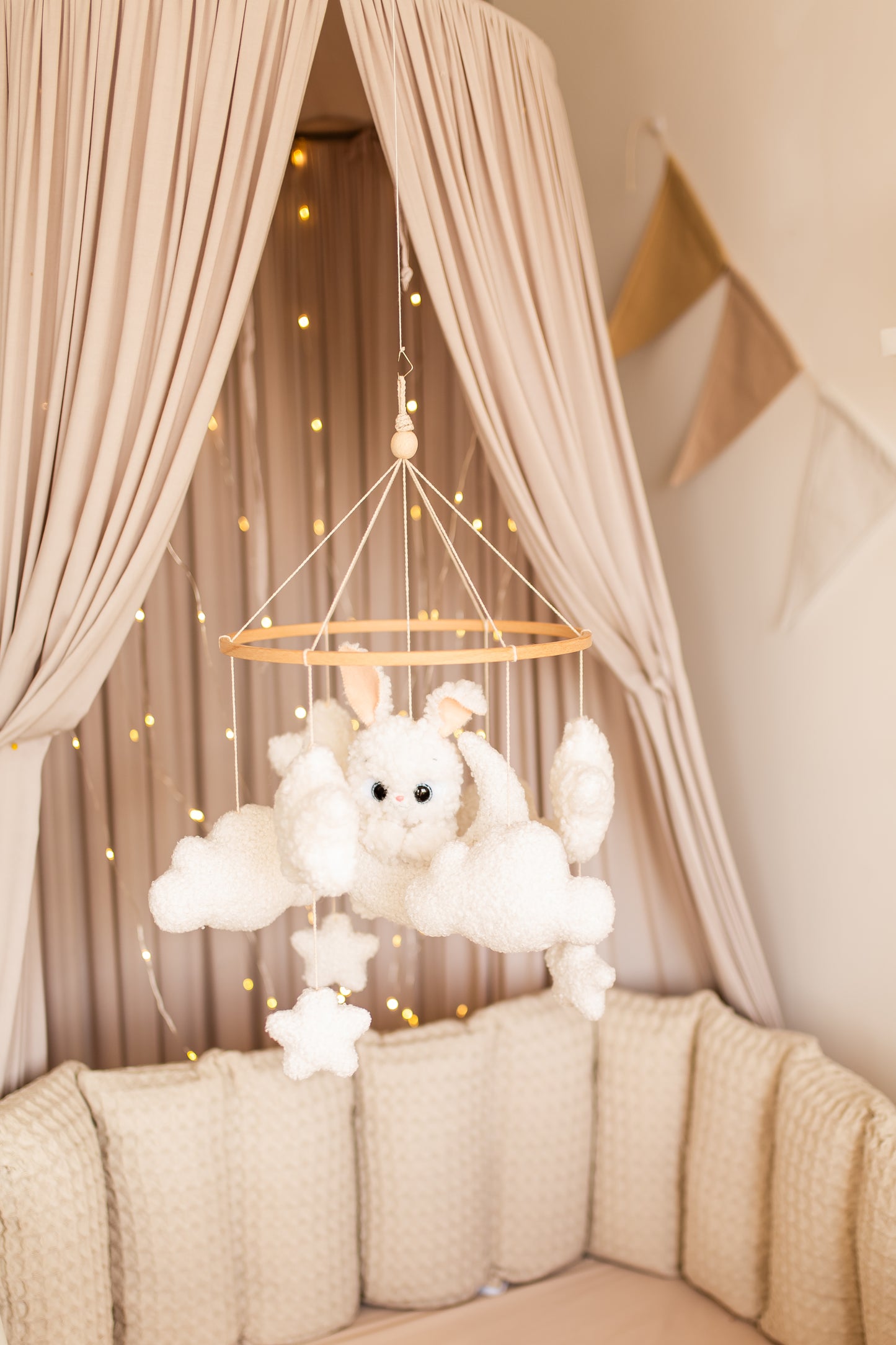 Bunny on the moon baby mobile boucle clouds nursery decor