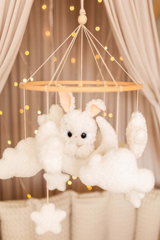 Bunny on the moon baby mobile boucle clouds nursery decor