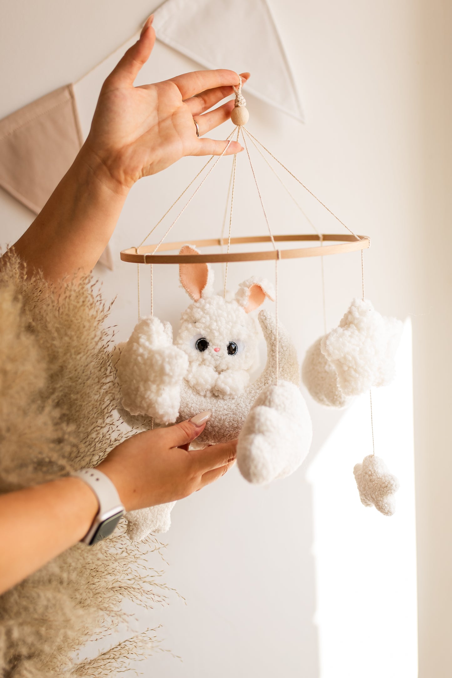 Bunny on the moon baby mobile boucle clouds nursery decor