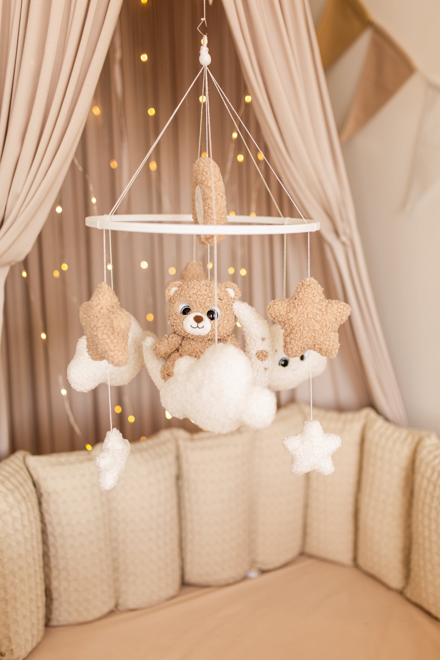 Bear baby mobile boucle stars clouds nursery decor
