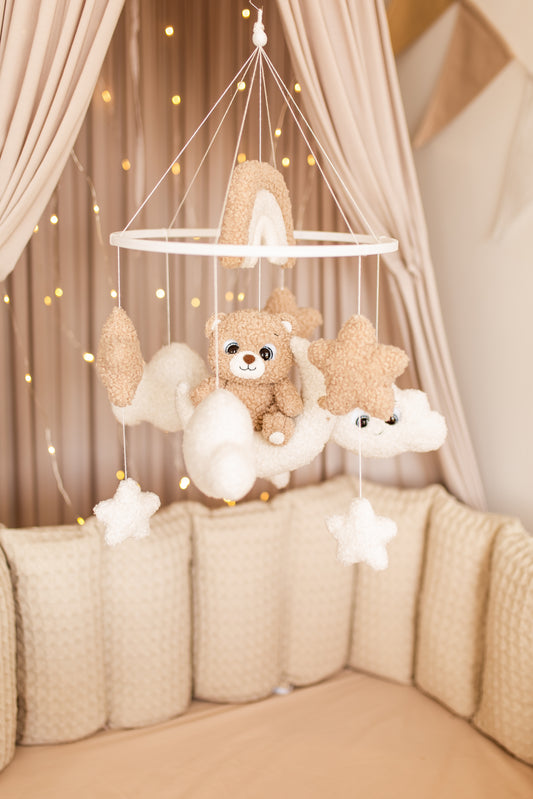 Bear baby mobile boucle stars clouds nursery decor