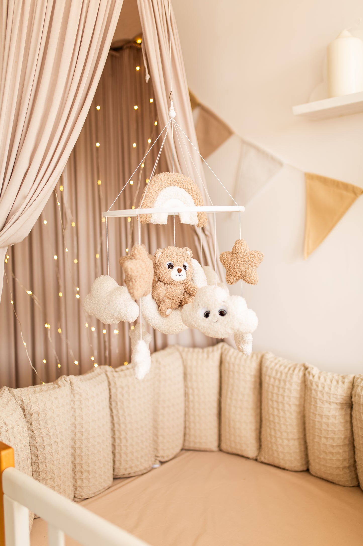 Bear baby mobile boucle stars clouds nursery decor