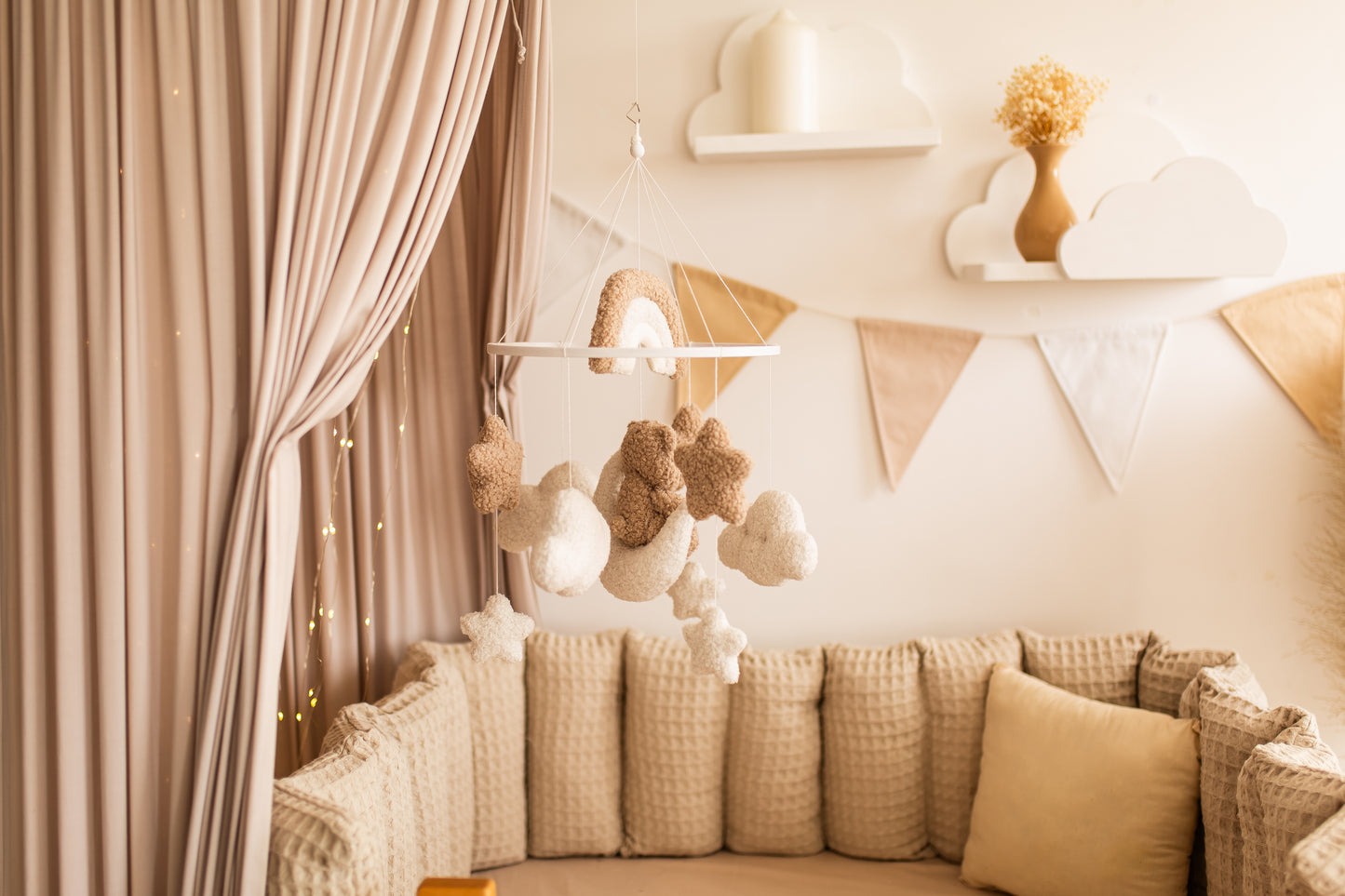 Bear baby mobile boucle stars clouds nursery decor