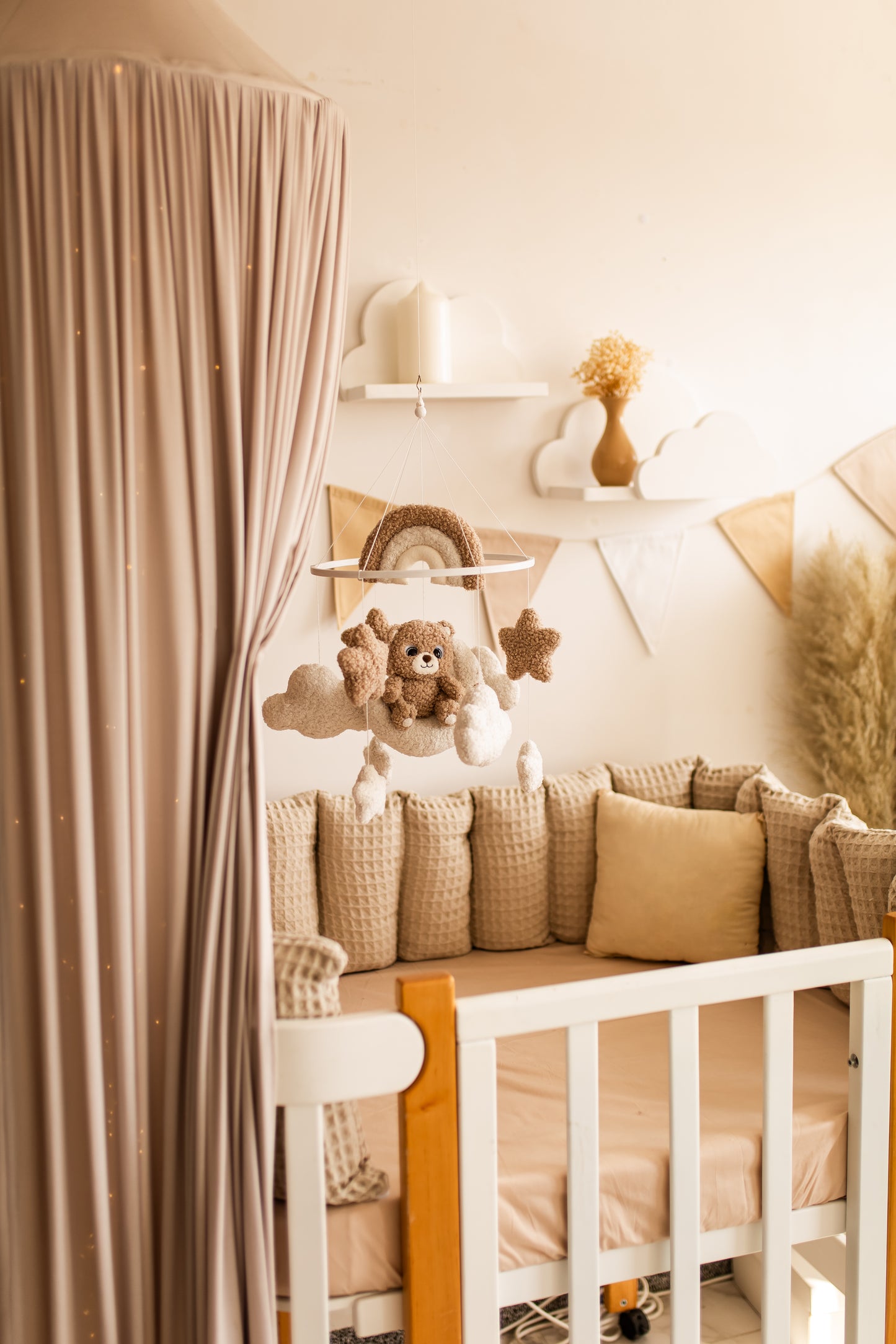 Bear baby mobile boucle stars clouds nursery decor