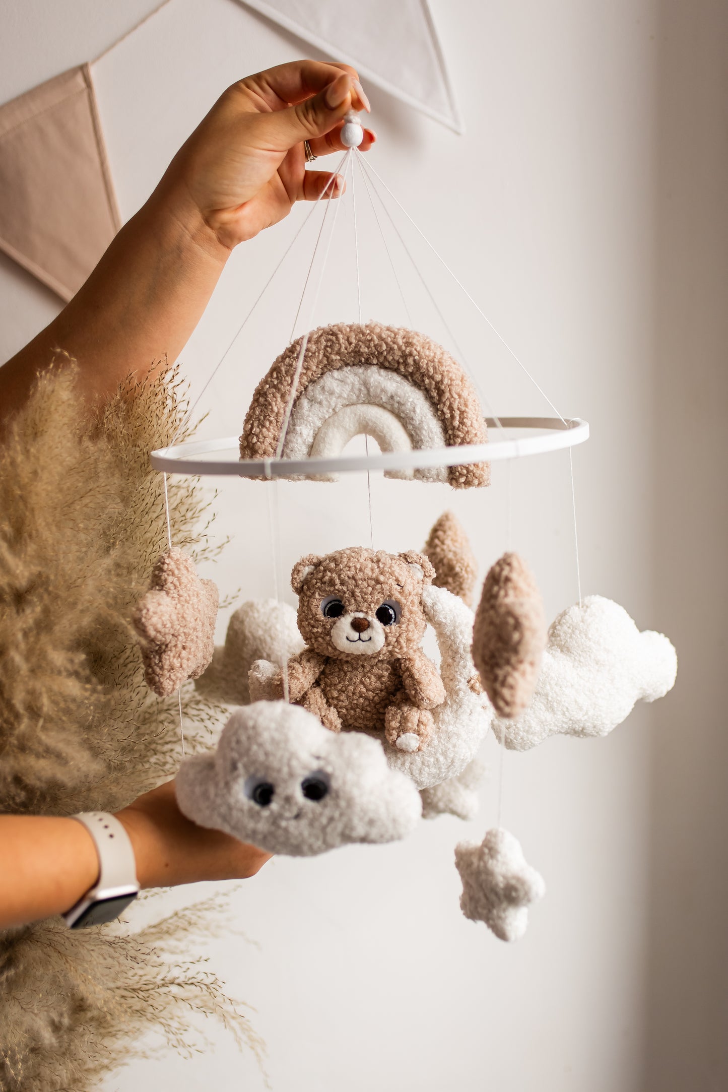 Bear baby mobile boucle stars clouds nursery decor