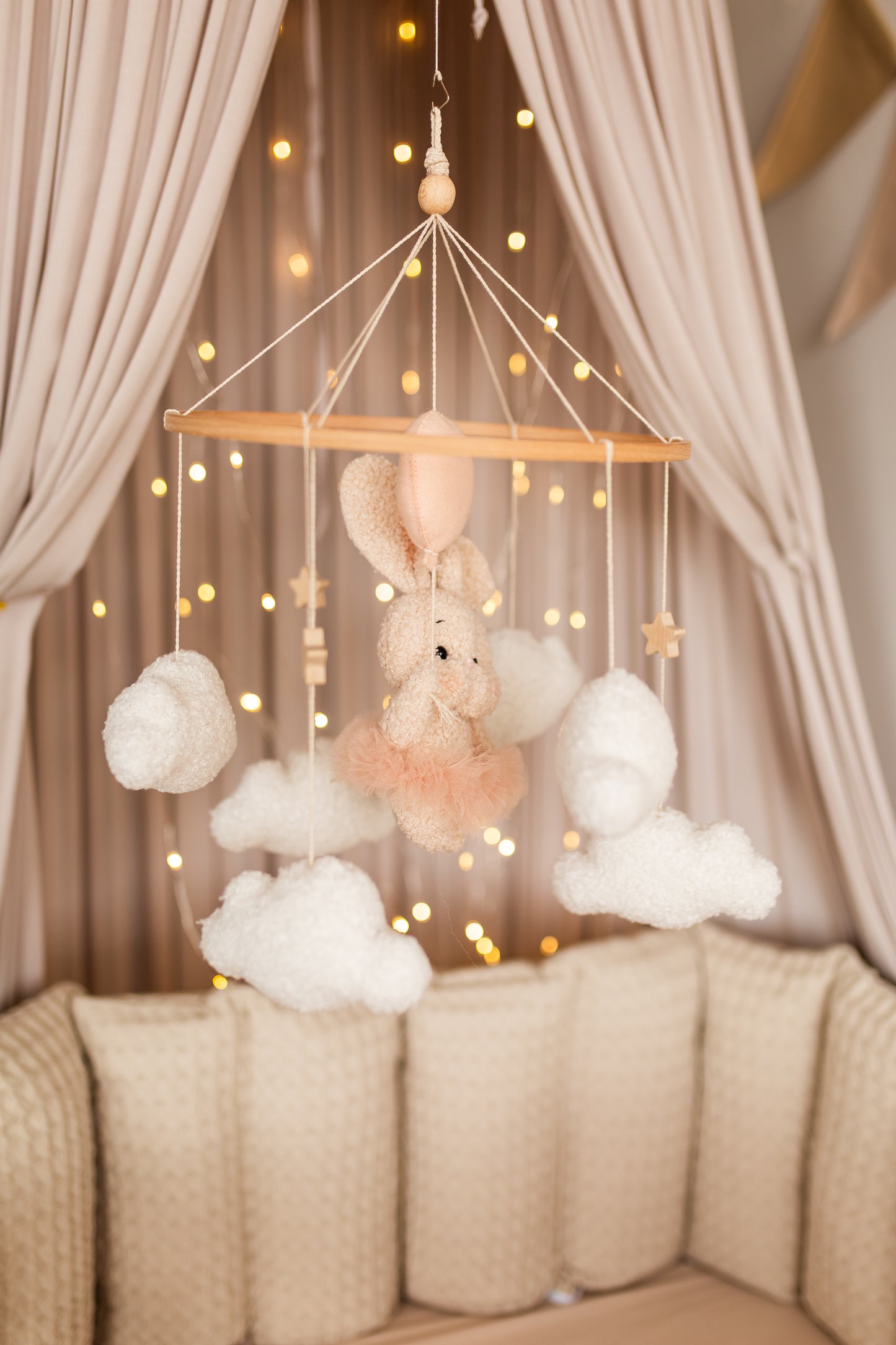 Baloon bunny baby mobile boucle nursery decor for girl