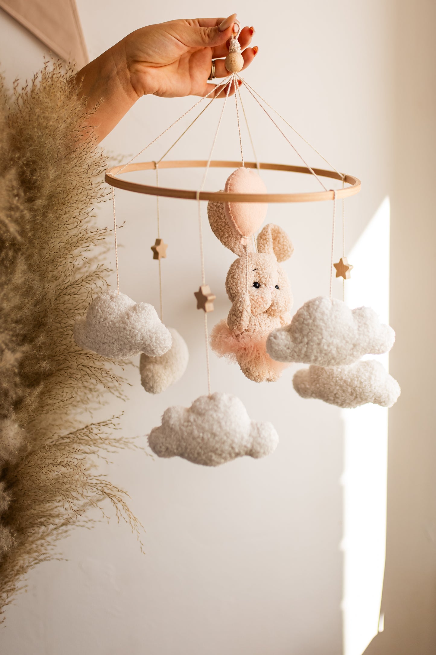Baloon bunny baby mobile boucle nursery decor for girl