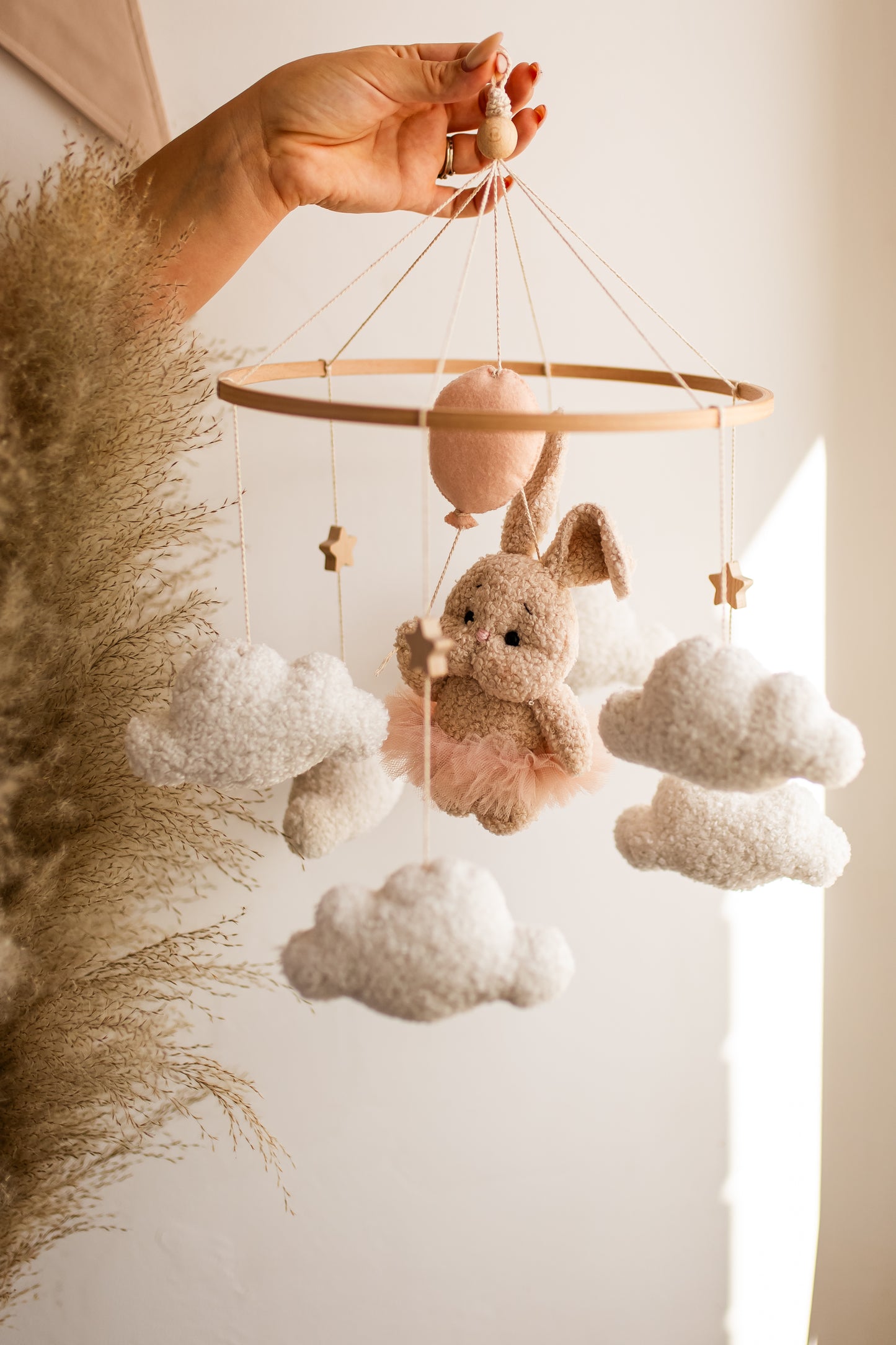 Baloon bunny baby mobile boucle nursery decor for girl