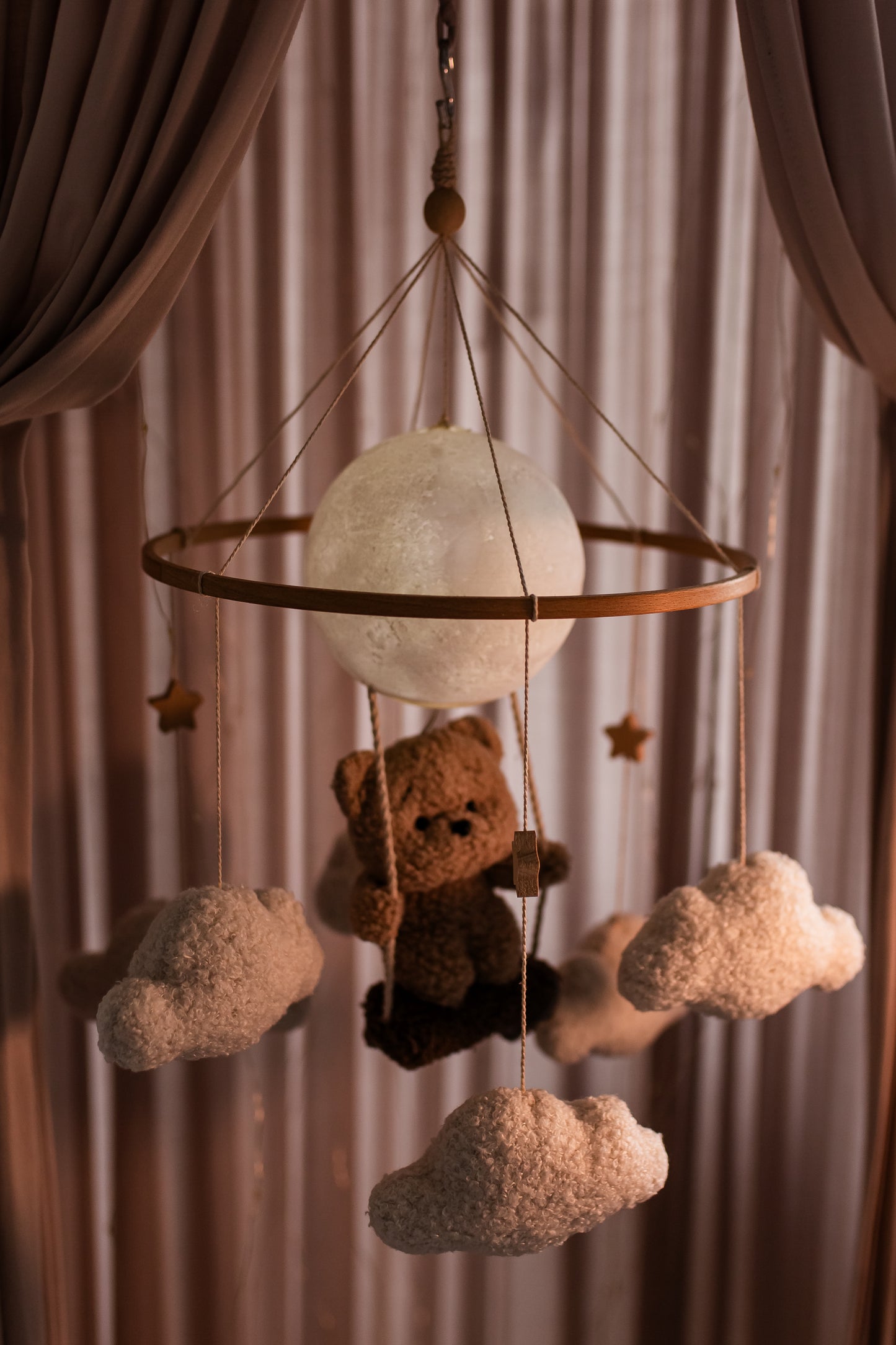 Nursery night lightteddy bear on a swing baby crib mobile
