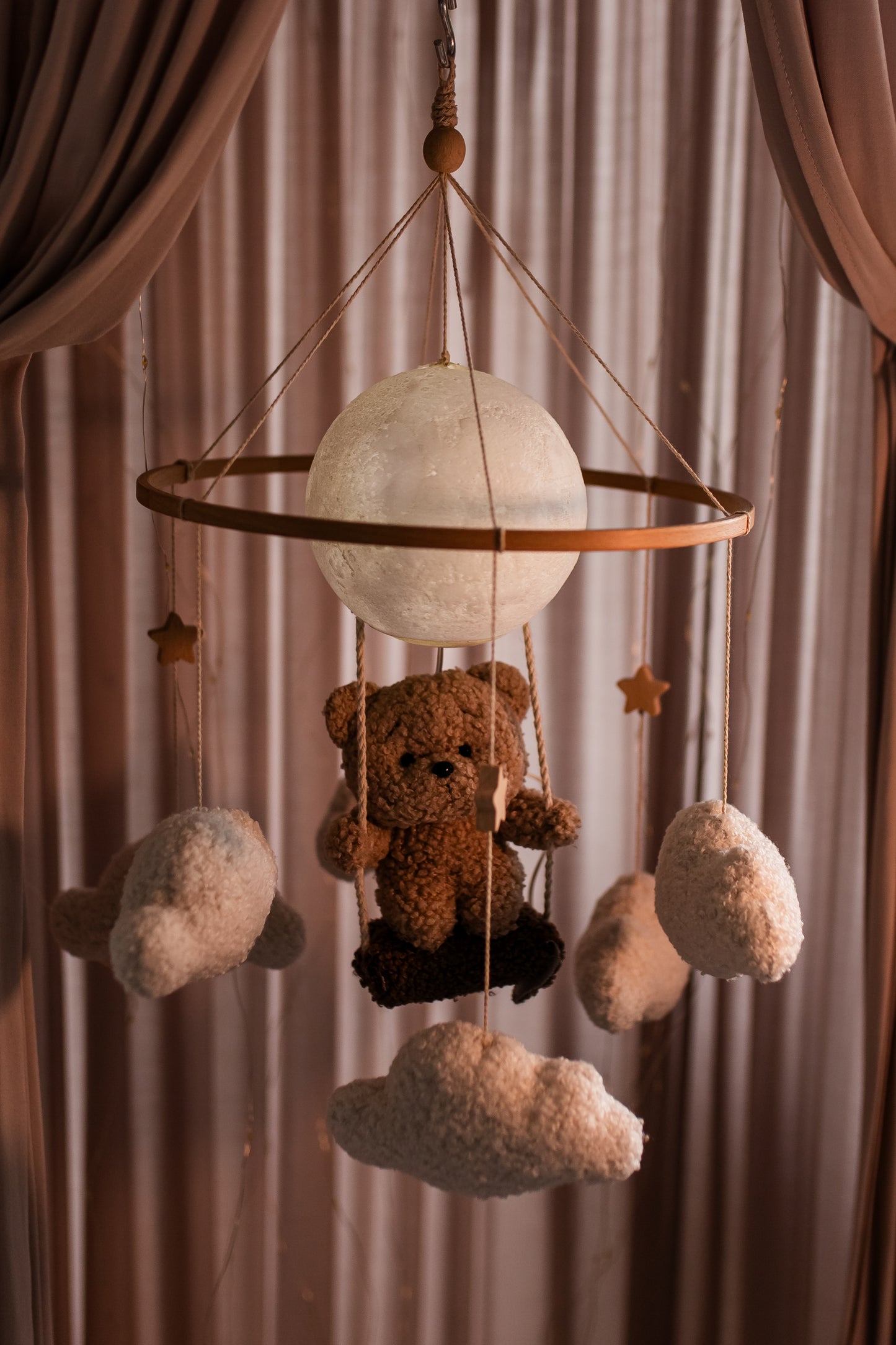 Nursery night lightteddy bear on a swing baby crib mobile