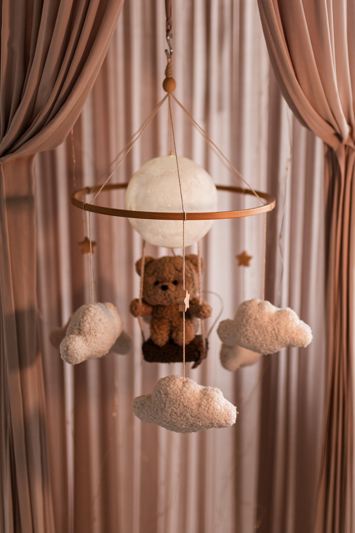 Nursery night lightteddy bear on a swing baby crib mobile