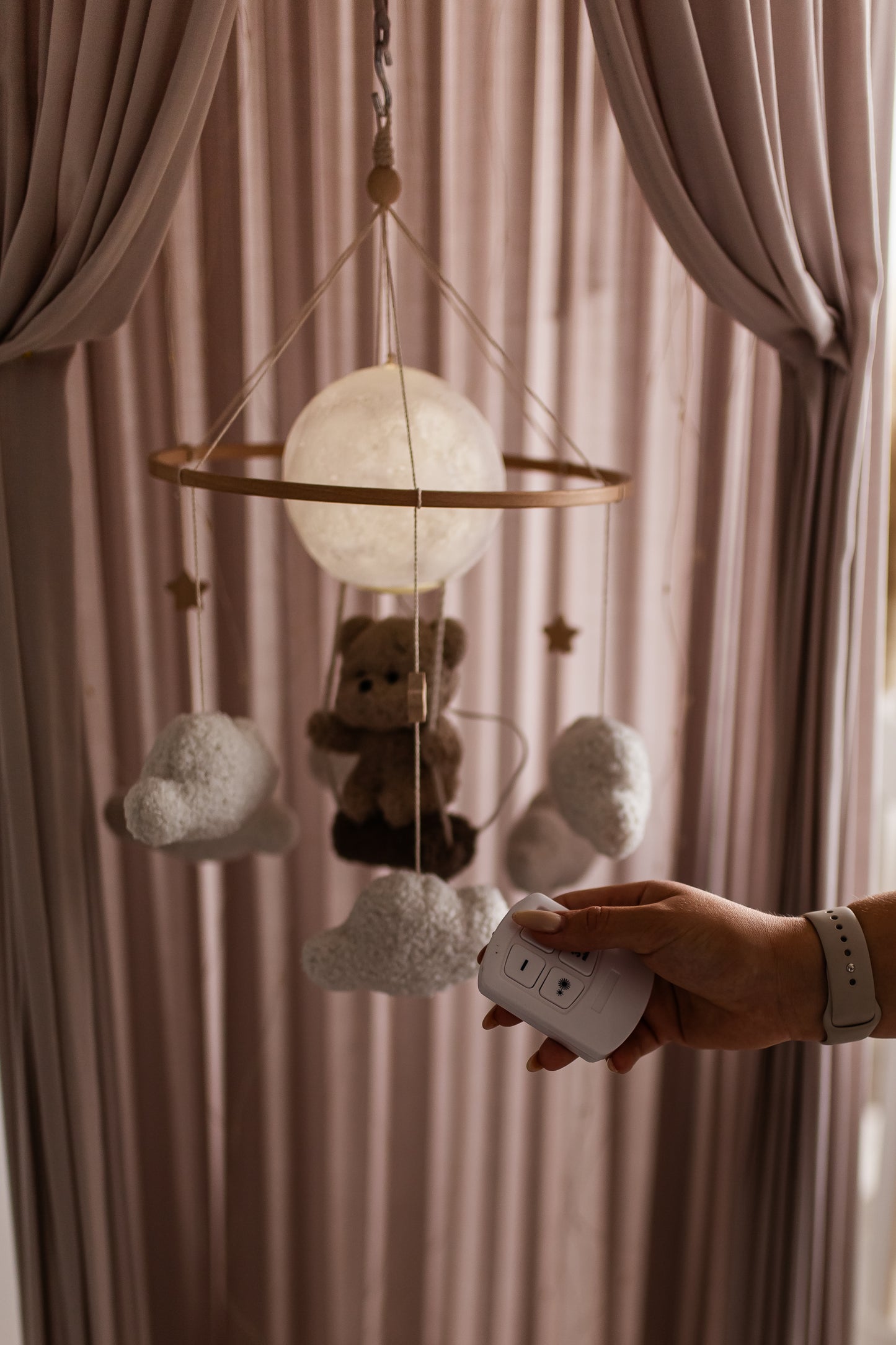 Nursery night lightteddy bear on a swing baby crib mobile