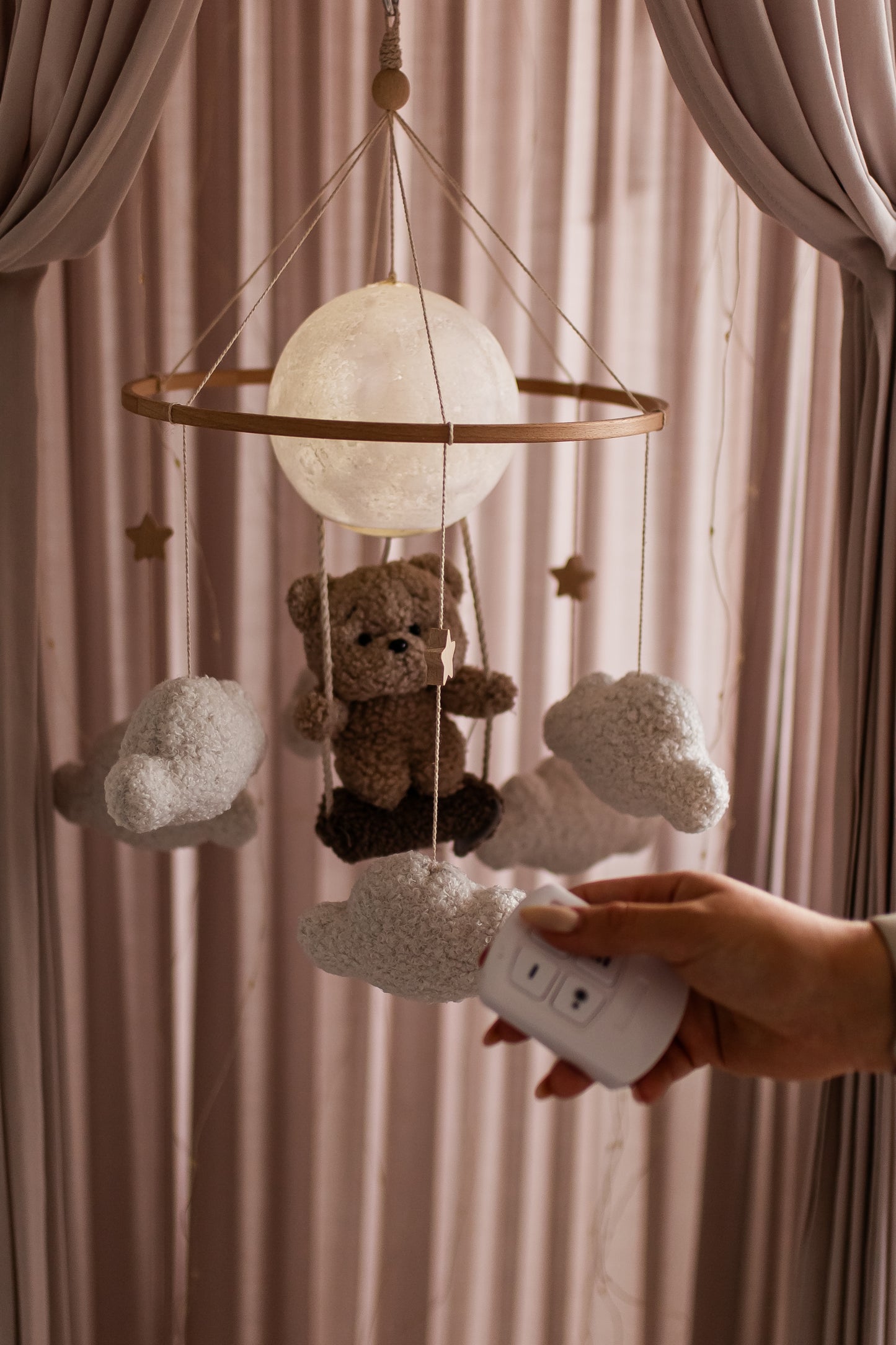 Nursery night lightteddy bear on a swing baby crib mobile