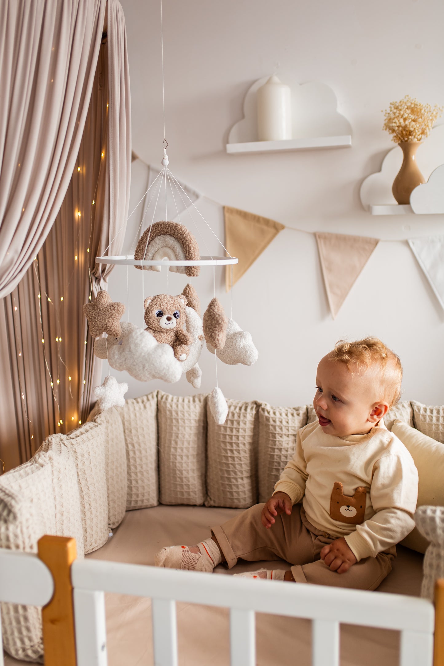 Bear baby mobile boucle stars clouds nursery decor